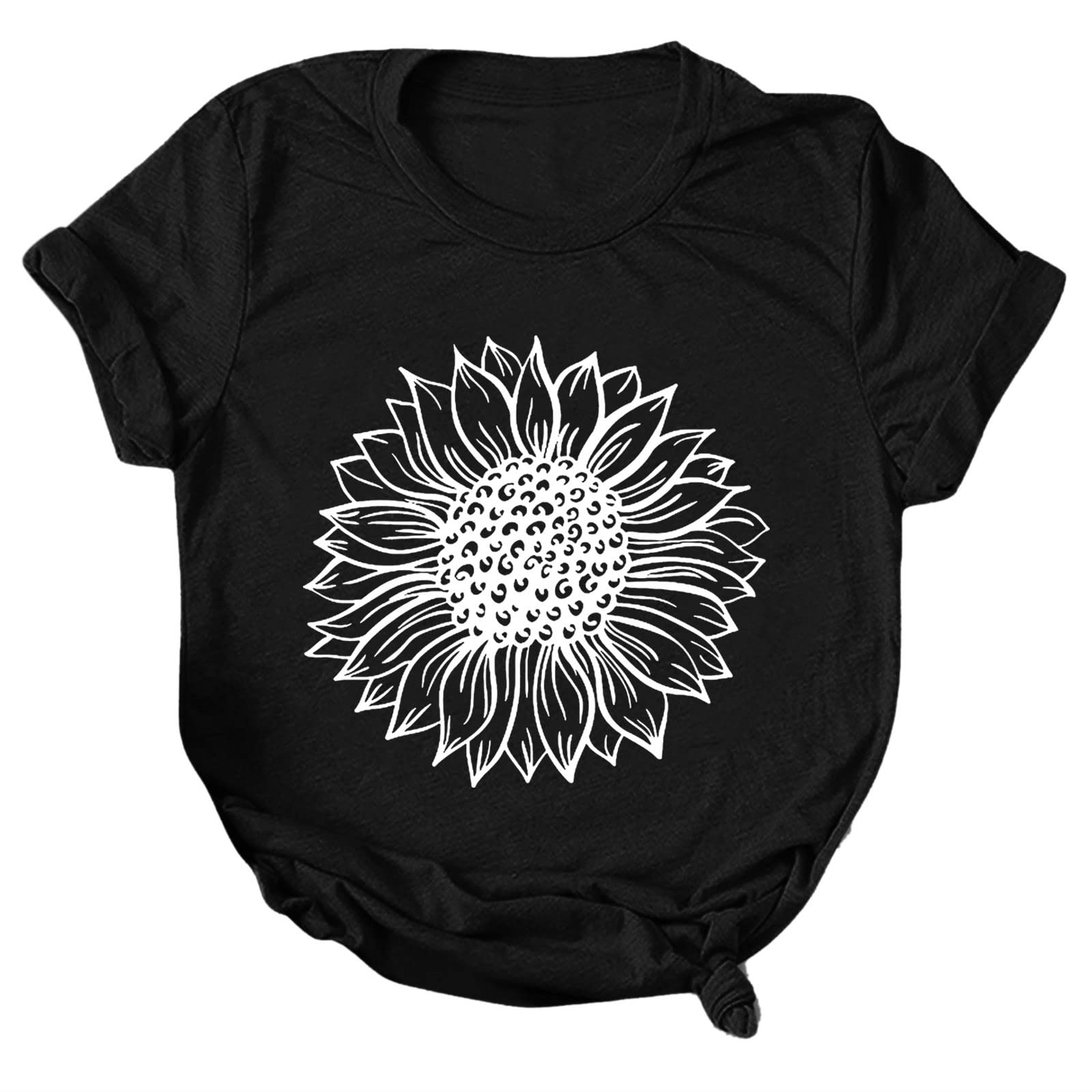 Women's Casual Sunflower Print Round Neck Short Sleeve T-Shirt - Loose Fit Blouse & Tunic Top for Summer Outfits, Beach Wear and Casual Everyday Fashion