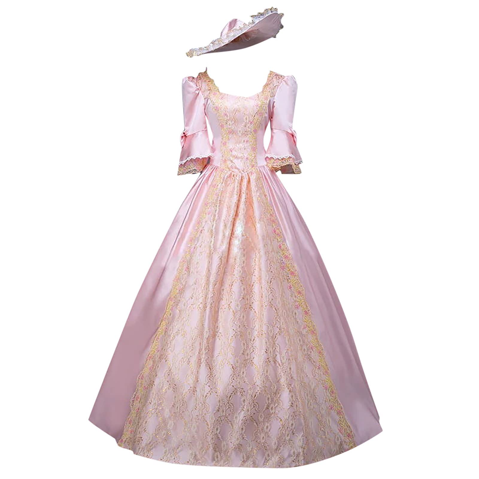 18th Century Renaissance Outfit for Women - Pink Princess Costume Dress with Half Sleeves for Masquerade Ball, Halloween, Cosplay & Historical Reenactment