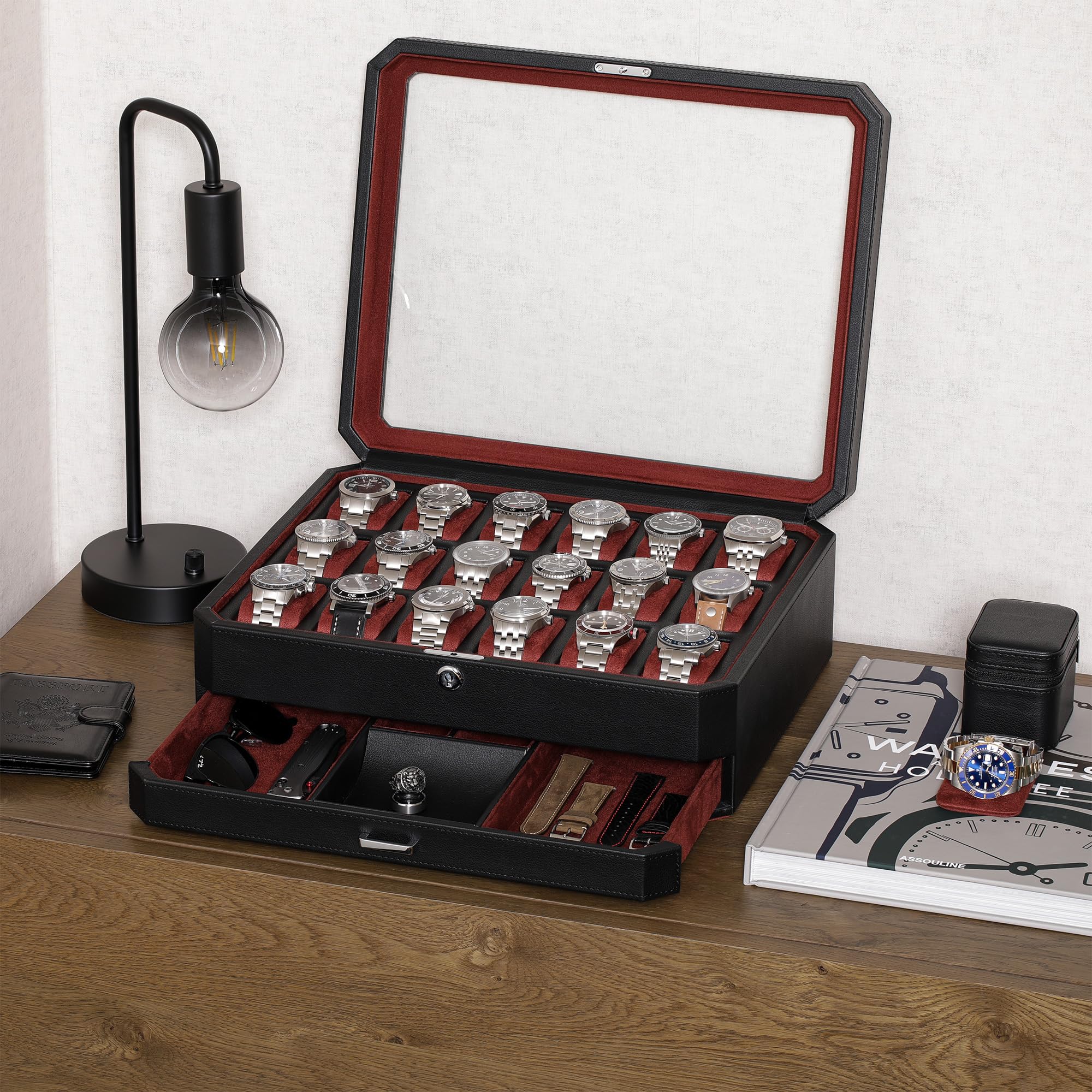 ROTHWELL 18-Slot Luxury Watch Box with Drawer - Men's Watch Display Case with Real Glass Top & Lockable Design for Watch Collections (Black/Red) - Perfect for Home, Office & Travel Storage