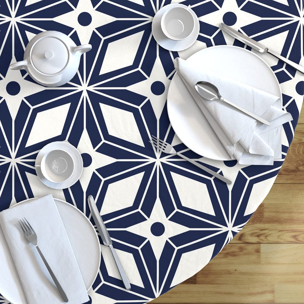 Custom Navy & White Retro Star Print Cotton Sateen Tablecloth - 90