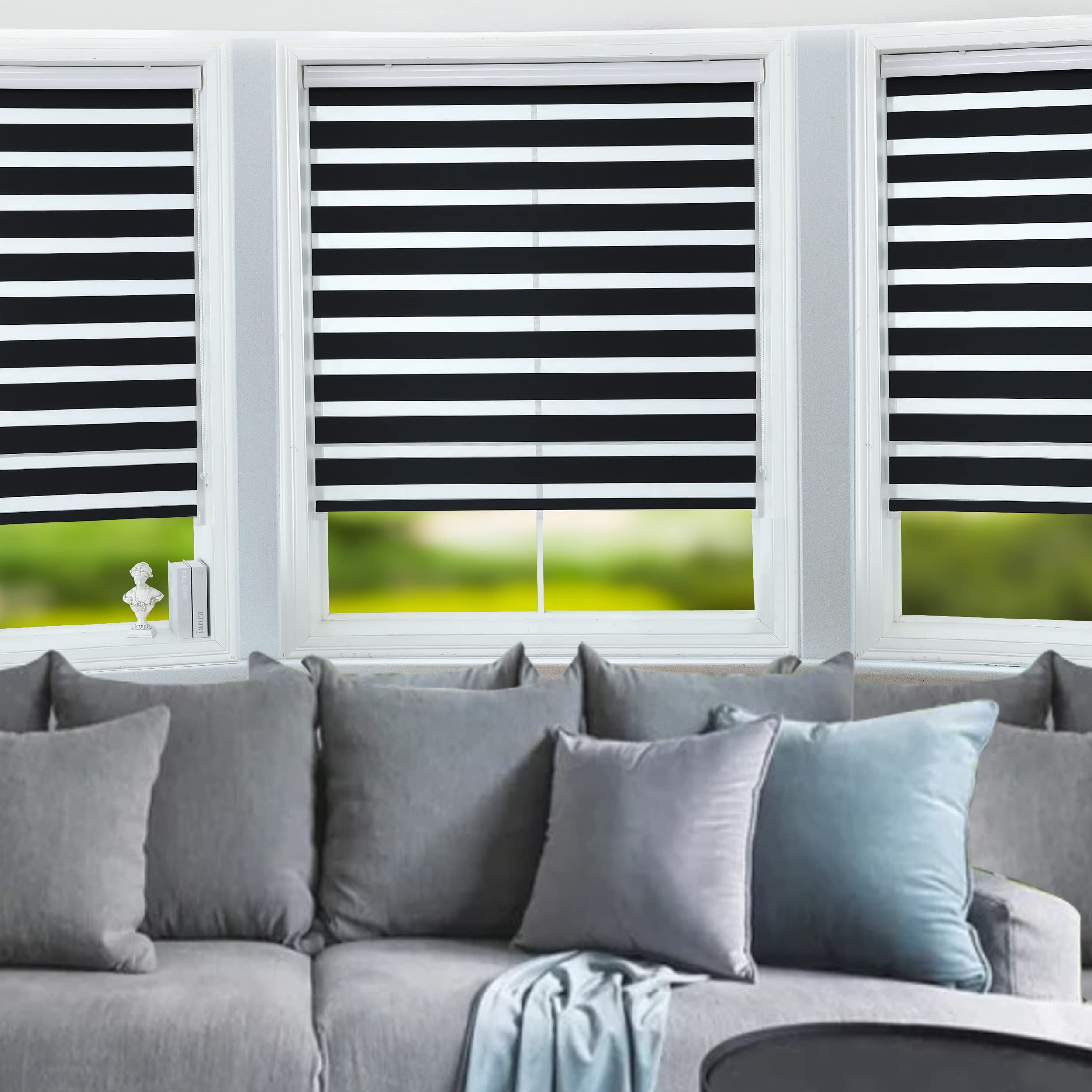 ALLBRIGHT Zebra Blinds for Day and Night - Dual Layer Light Filtering & Room Darkening Roller Shades - Easy Install Black Window Treatment (24