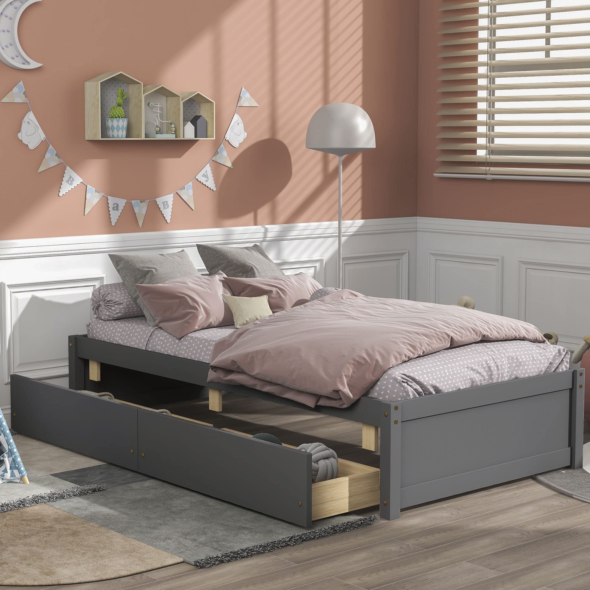 Rophefx Twin Size Platform Bed Frame with 2 Storage Drawers - Solid Wood Bed with Slat Support, No Box Spring Needed, Grey - Perfect for Small Spaces, Kids Rooms & Guest Bedrooms