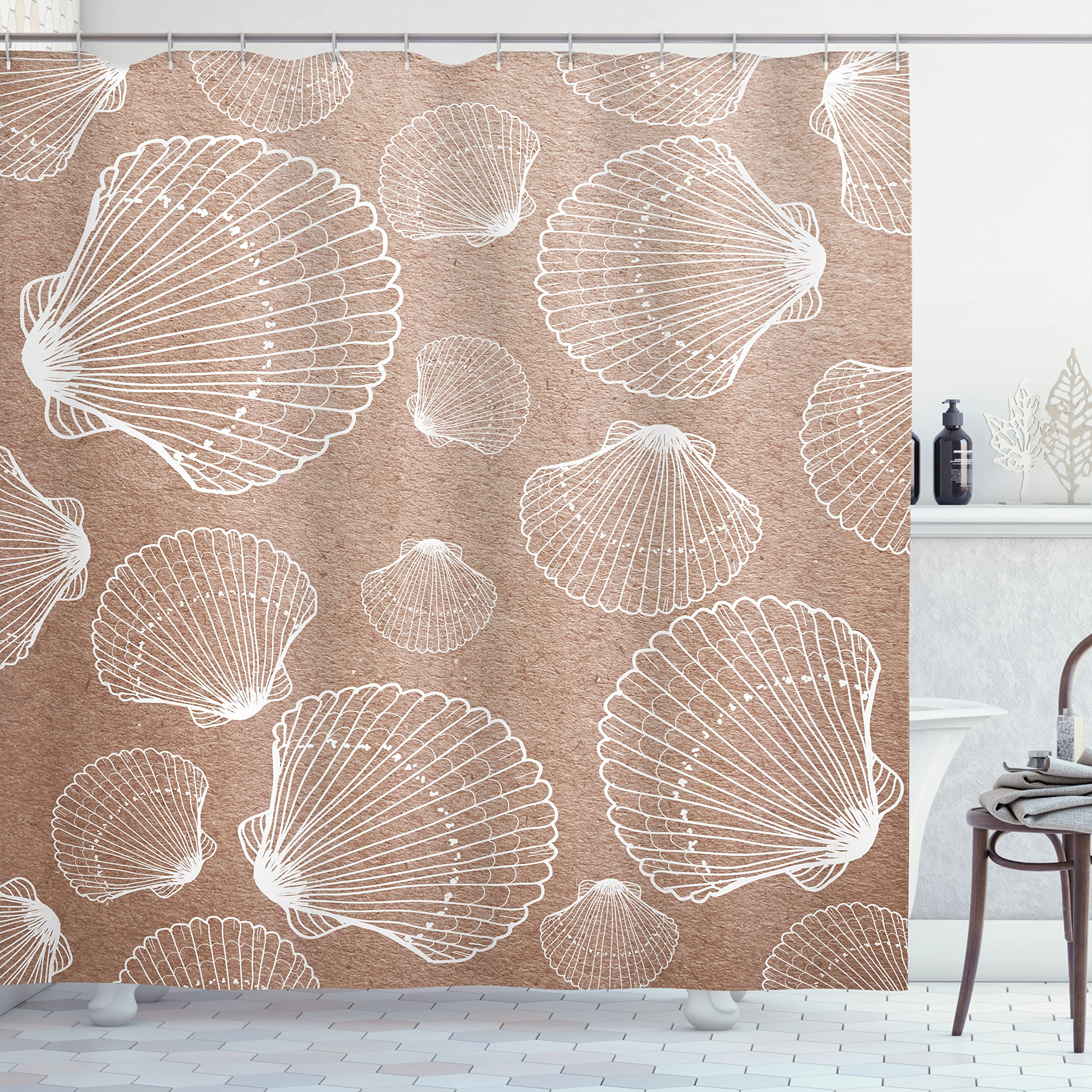 Ambesonne Nautical Seashell Shower Curtain - Coastal Bathroom Decor with Outline Seashell Design, 69