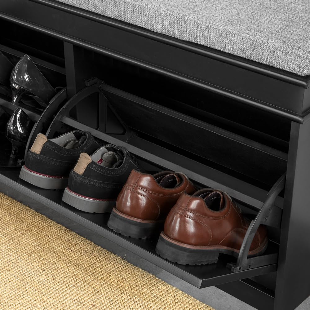 SoBuy Black Storage Shoe Bench with 2 Flip Drawers - Hidden Shoe Cabinet & Free Standing Shoe Rack - Hallway Entryway Storage Bench with Seat Cushion (FSR64-SCH) - Perfect for Small Spaces, Mudrooms & Closet Organization