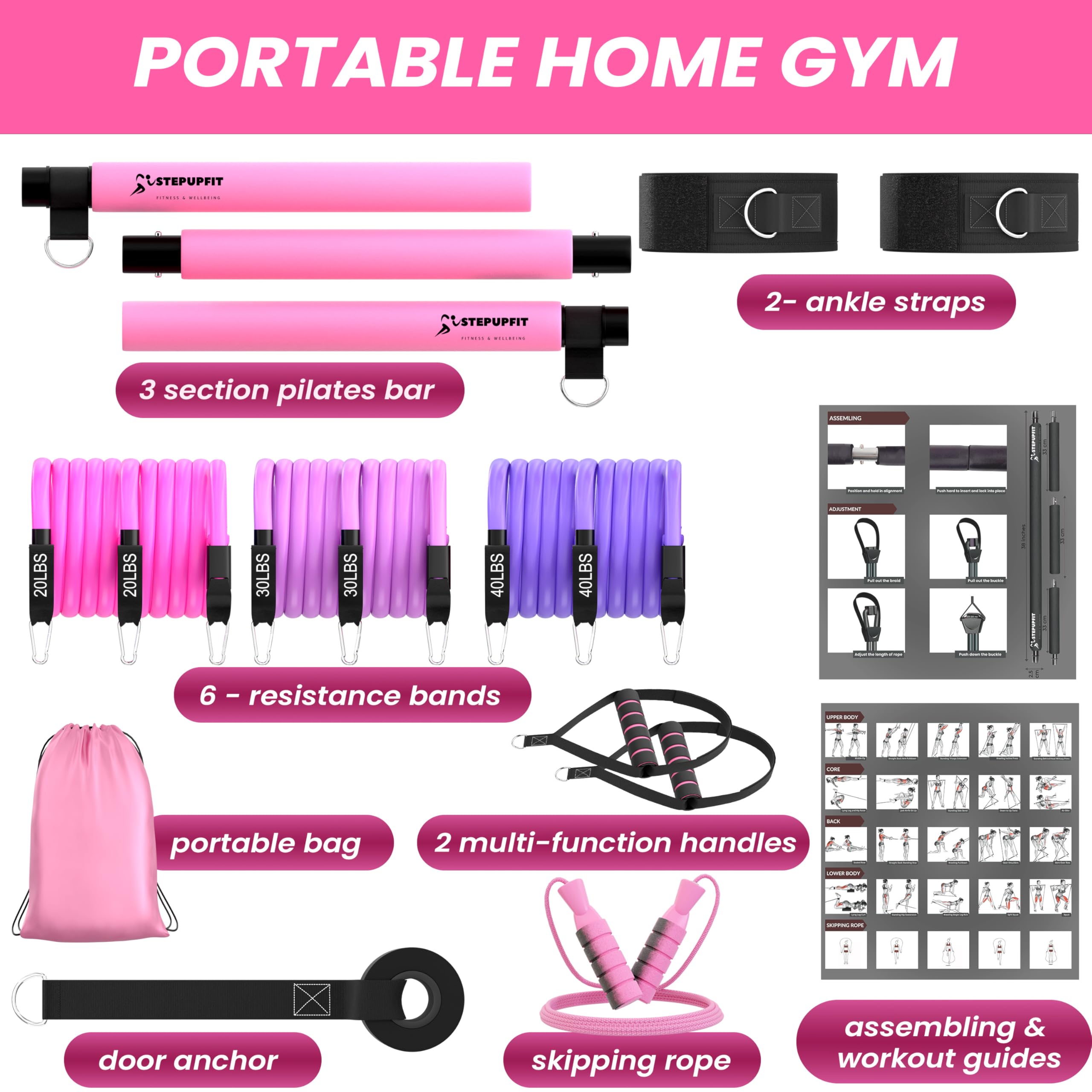 3-Section Yoga Pilates Bar Set with Resistance Bands & Jump Rope - Portable Home Gym Equipment for Full Body Workout - Perfect for Strength Training, Stretching & Cardio at Home or Travel