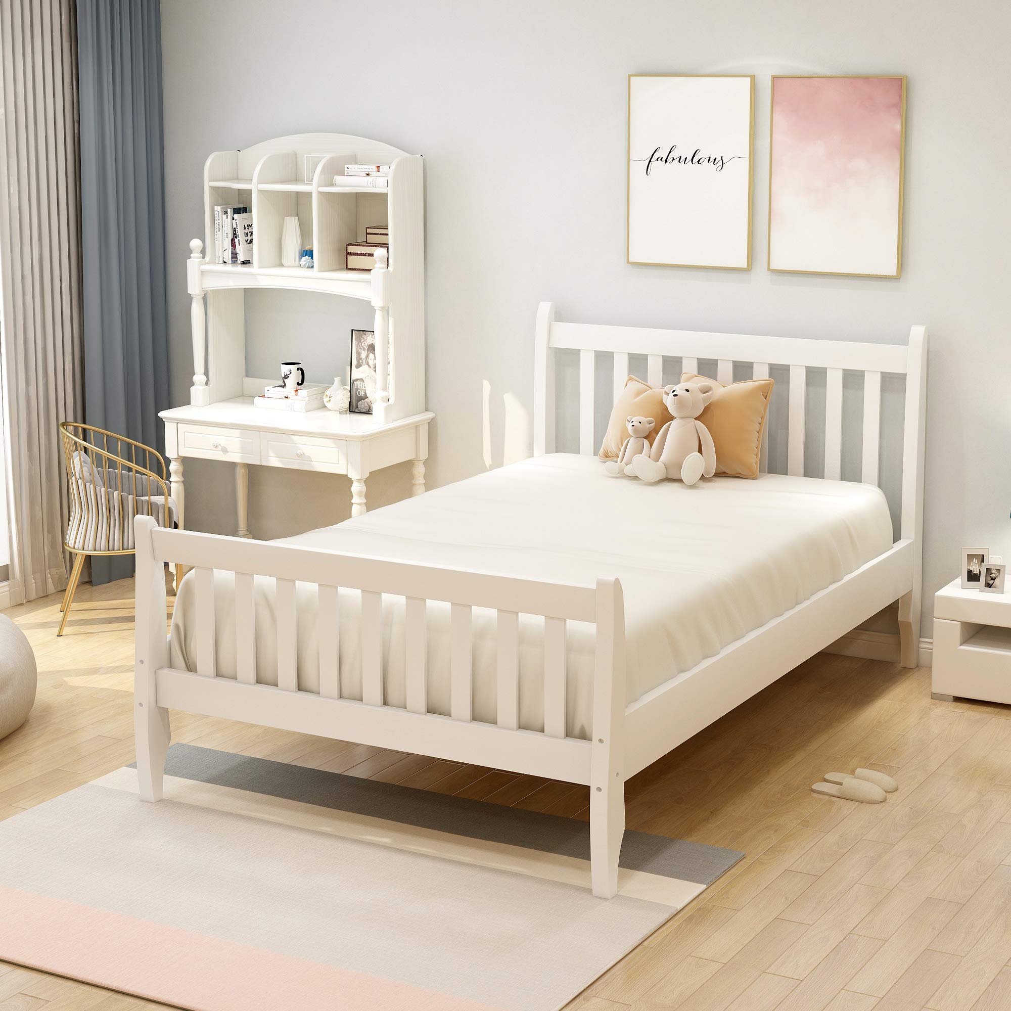 **Solid Wood Twin Size Platform Bed with Headboard & Footboard - Sturdy Bed Frame for Kids, Teens & Adults - Easy Assembly (White + Natural Wood) - Perfect for Modern Bedrooms, Guest Rooms & Dormitories**