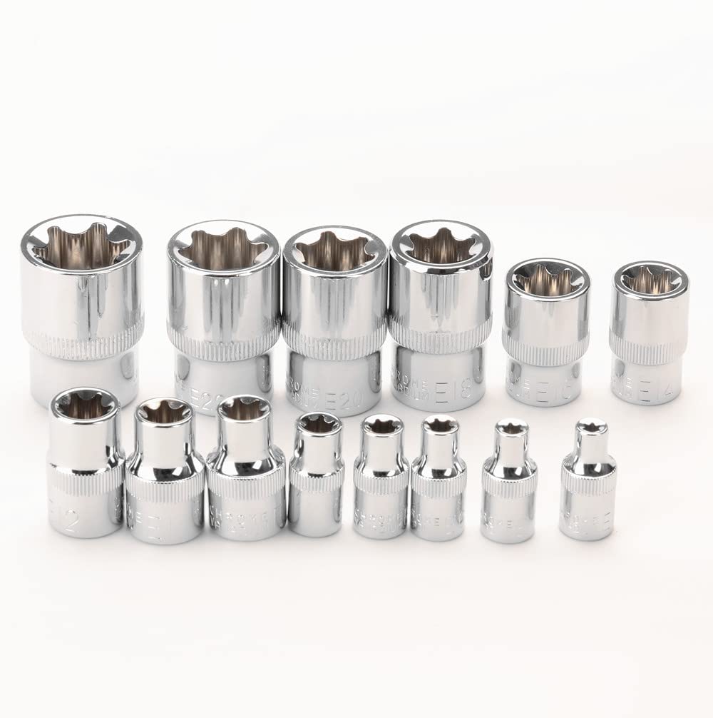 FLZOSPER 14-Piece Female E-Torx Star Socket Set - E4 to E24 Torque Sockets, 1/4