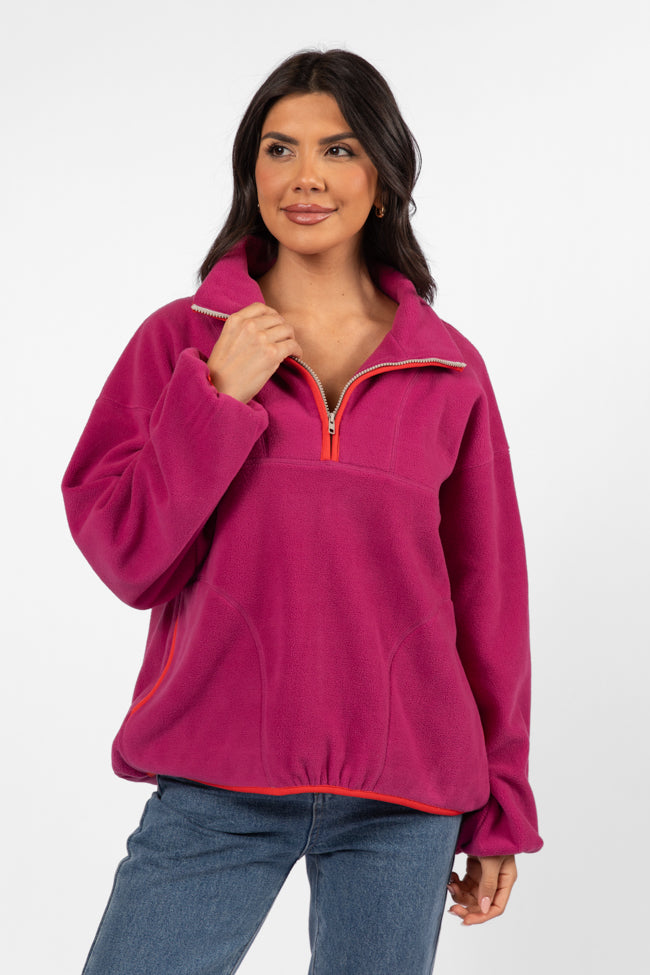 Stylish Magenta Contrast Trim Fleece Pullover for Women - Cozy Winter Outerwear | Perfect for Outdoor Activities, Casual Wear & Layering