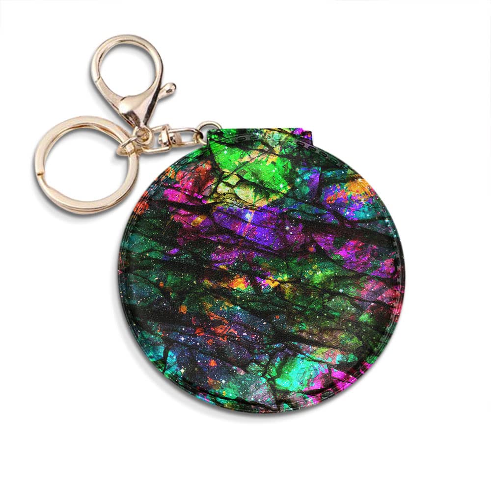 Round Foldable PU Leather Compact Pocket Makeup Mirror - Dual Sided Travel Mirror with Keychain, Purple Green Galaxy Marble Design | Perfect for Travel, Home & On-the-Go Touch Ups