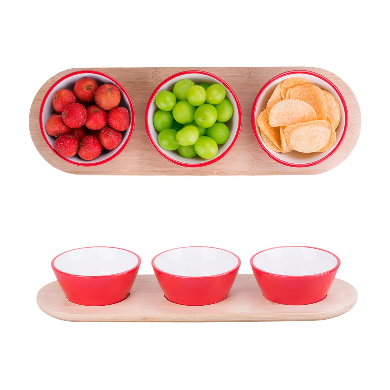 WOWCASE 10 oz Bamboo Wooden Chips and Dip Serving Platters Set - 2-Piece Appetizer Bowls for Snacks, Salsa, Condiments, Berries & Desserts | Perfect for Parties, Entertaining, Game Nights & Family Gatherings (Red)