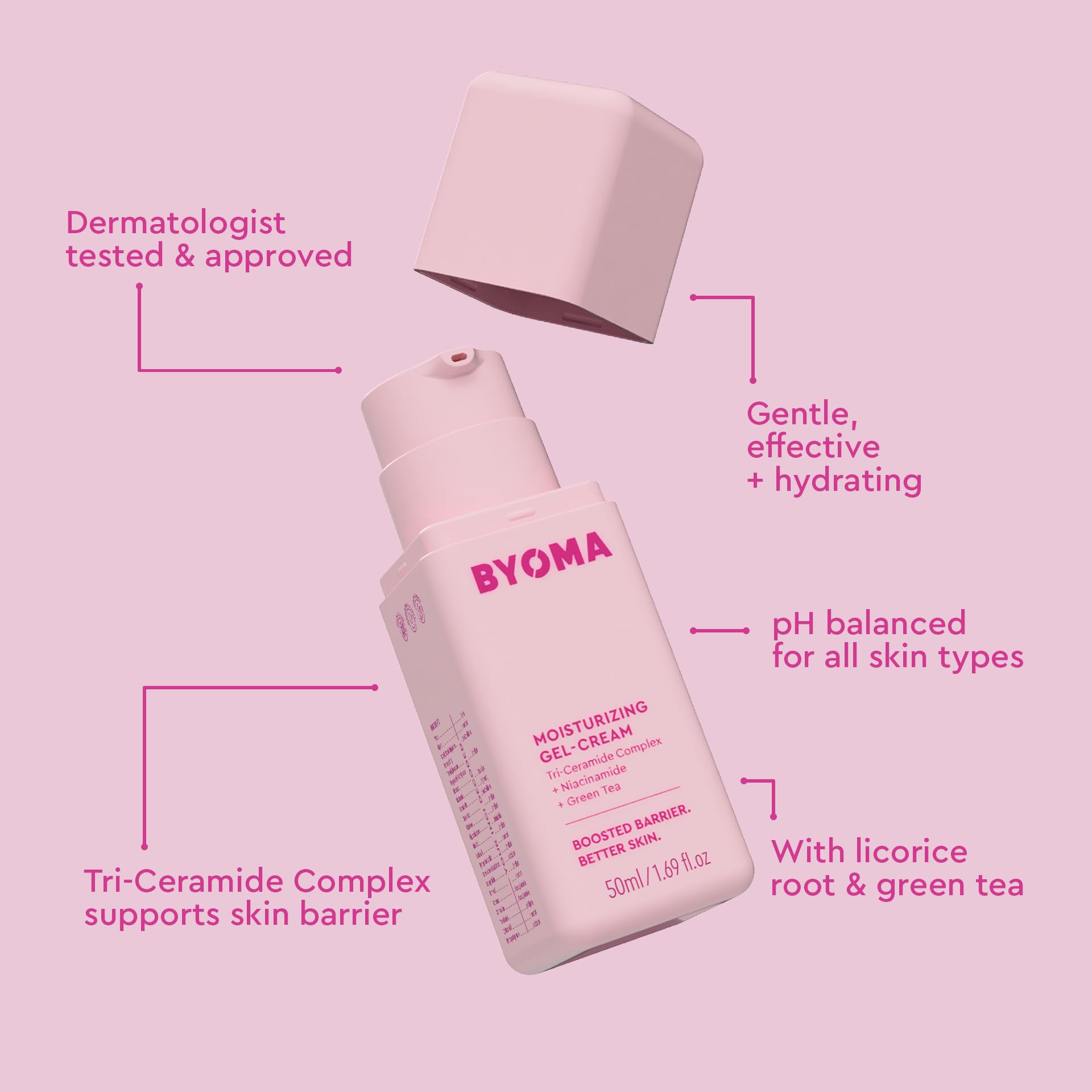 BYOMA Moisturizing Gel Cream - Niacinamide & Green Tea Face Moisturizer for Dry Skin - Ceramide Barrier Repair Cream - Oil Free, Alcohol Free Hydrating Gel Lotion (1.69 fl oz) - Perfect for Daily Skincare Routine & Sensitive Skin Care