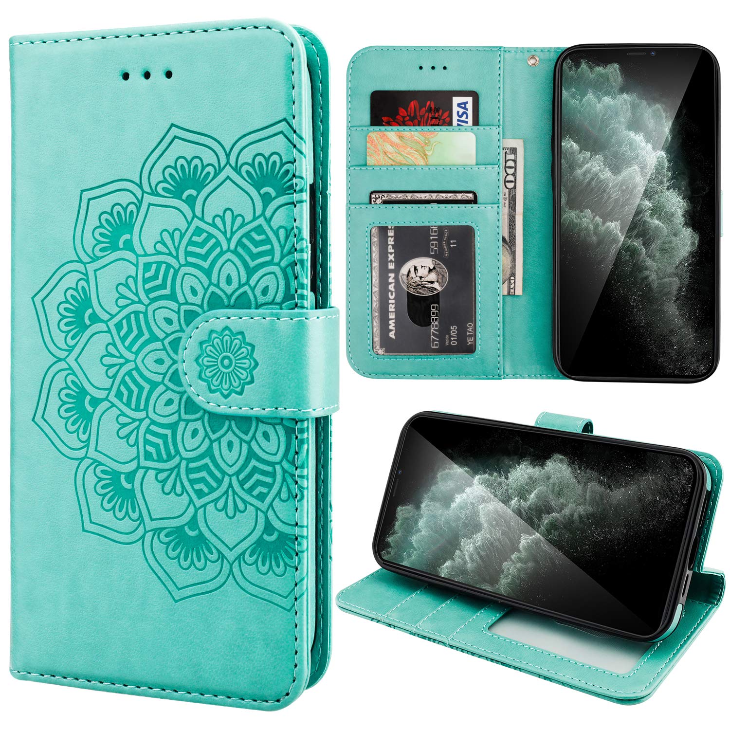 KIHUWEY iPhone 12 Pro Max Wallet Case (6.7 Inch) - PU Leather Mandala Flower Embossed Cover with Card Holder, Wrist Strap, Kickstand & Lanyard | Protective Phone Purse for Women | Mint Green | Perfect for Travel, Shopping & Everyday Use