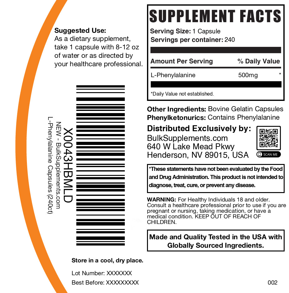 Premium L-Phenylalanine 500mg Capsules - Supports Mood & Cognitive Function - Natural Amino Acid Supplement for Stress Relief & Mental Clarity - 120 Vegan Capsules for Daily Wellness Routine