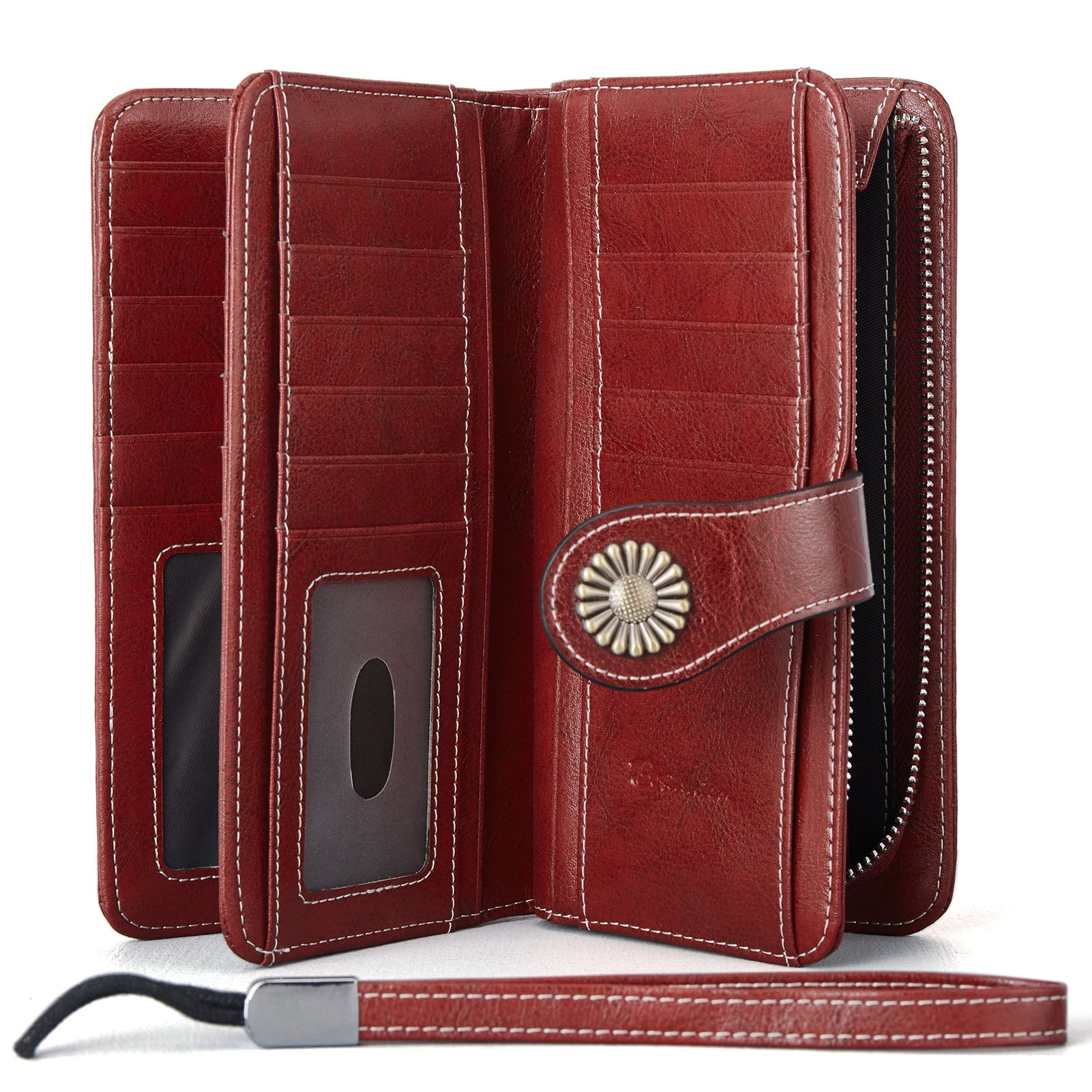 Premium Genuine Leather Wallet for Women with Wrist Strap - Red | Fashionable RFID Blocking Wallet for Everyday Use & Travel Accessories