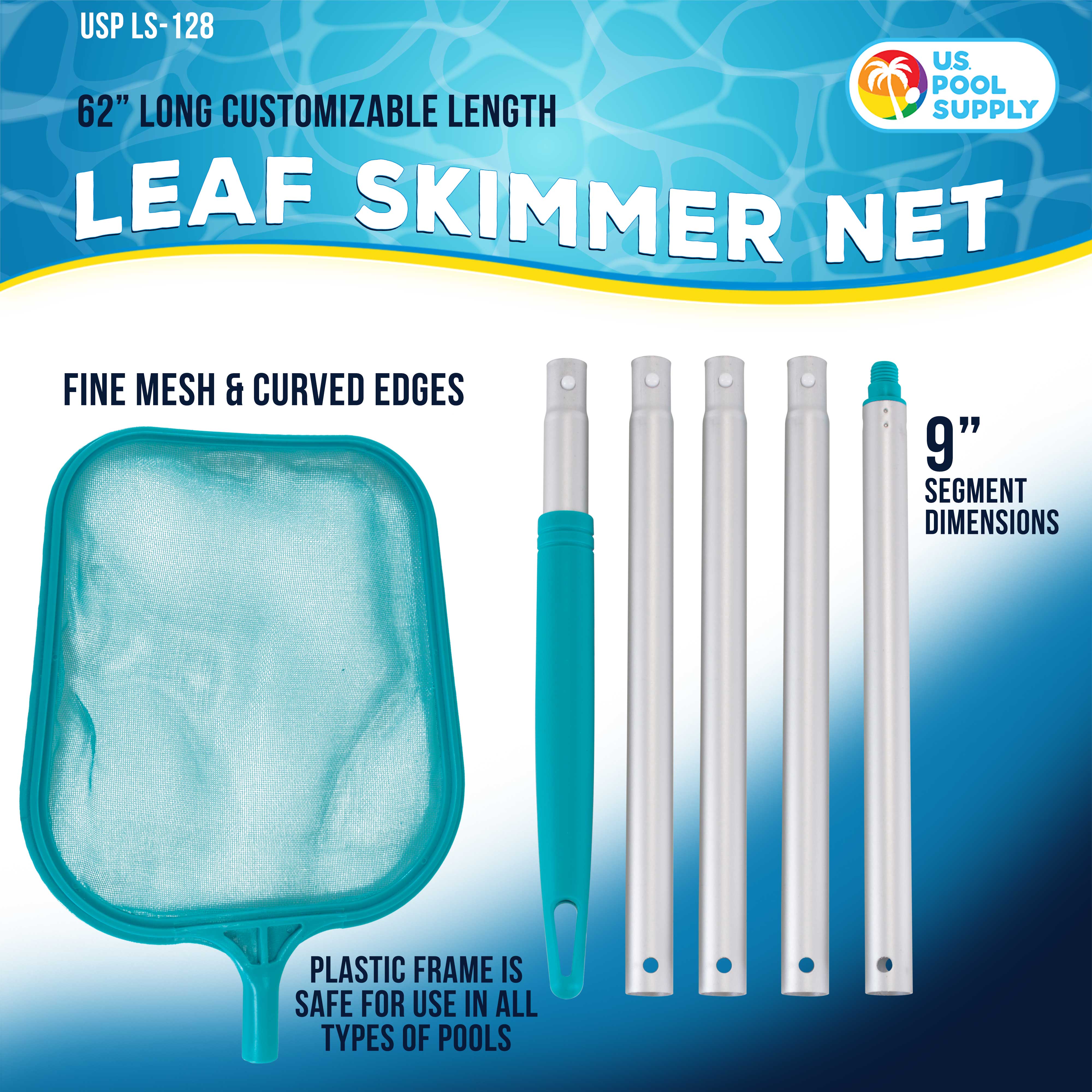 U.S. Pool Supply® 5 Foot Swimming Pool Leaf Skimmer Net with 5 Aluminum Pole Sections - Fine Mesh Netting for Fast Debris Cleaning - 60