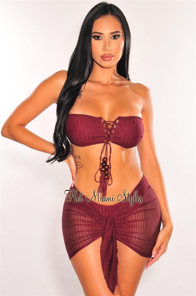 Crochet Lace-Up Bikini Set with Wine Bandeau & Tie-Up Skirt - 3 Piece Swimwear for Beach, Pool & Summer Vacations