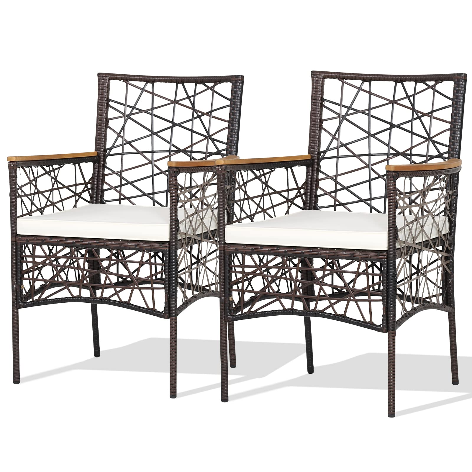 RELAX4LIFE 2-Piece PE Wicker Patio Chairs Set - Acacia Wood Armrests & Removable Cushions - Indoor Outdoor Dining Armchairs for Restaurant, Porch, Garden, Poolside, Backyard - Perfect for Al Fresco Dining and Outdoor Relaxation