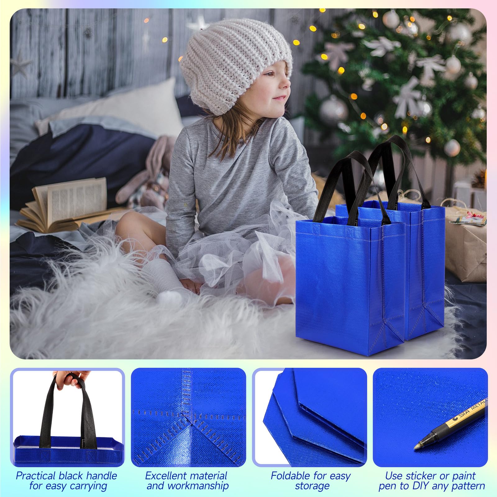 Eccliy 80-Piece Reusable Glossy Tote Gift Bags with Handles - Bulk Grocery Bags for Wedding, Bachelorette Party & Christmas (Medium, Blue) | Perfect for Party Favors, Gift Wrapping & Eco-Friendly Shopping