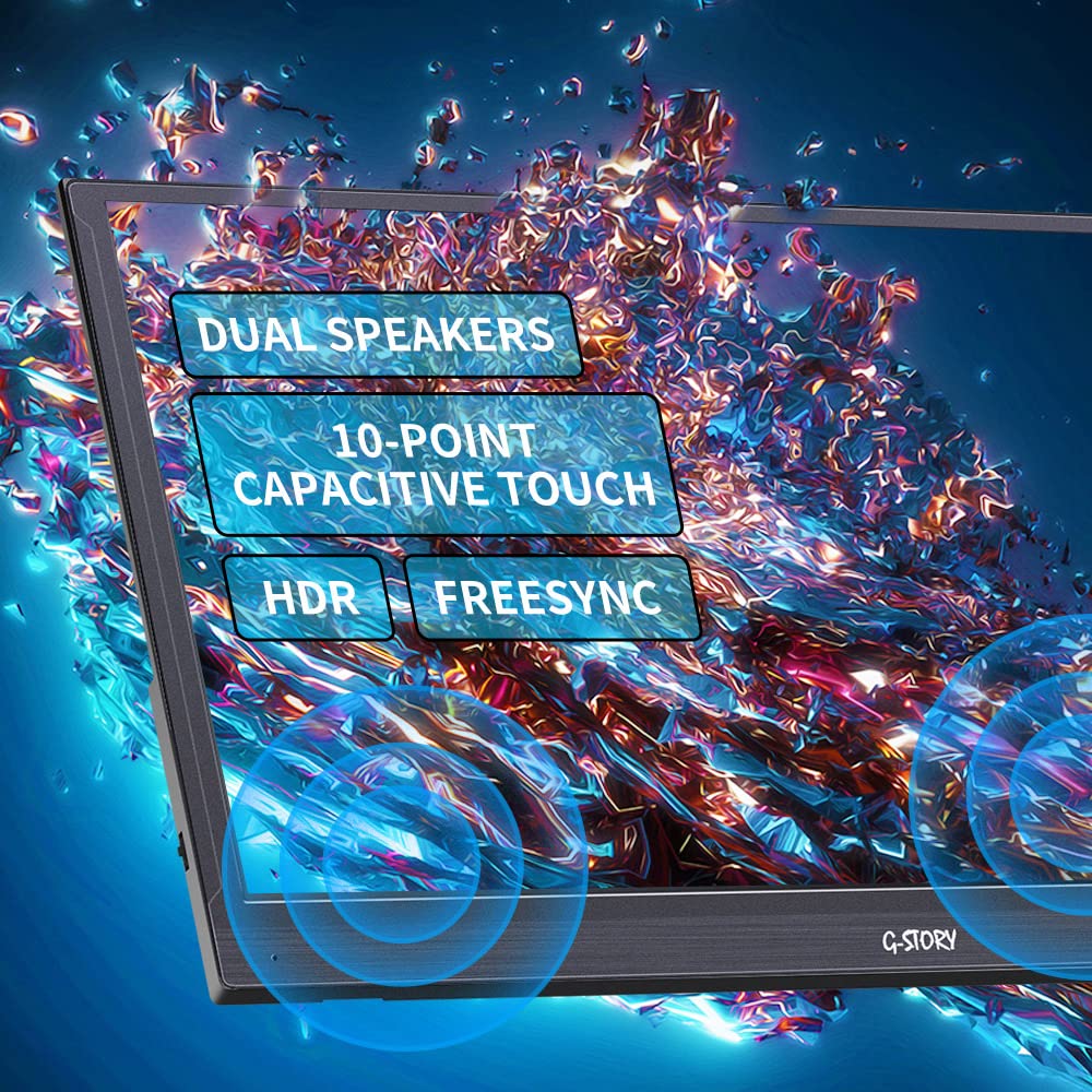 G-STORY 15.6 Inch Portable Touch Screen Monitor - Full HD 1080P IPS Display, USB-C Gaming Monitor with HDR, FreeSync, Built-in Speakers & Mini HDMI - Compatible with PS5, PS4, Xbox Series, Nintendo Switch, Laptop, PC, Mac & Smartphones - Perfect for Gaming, Work & Entertainment On-The-Go
