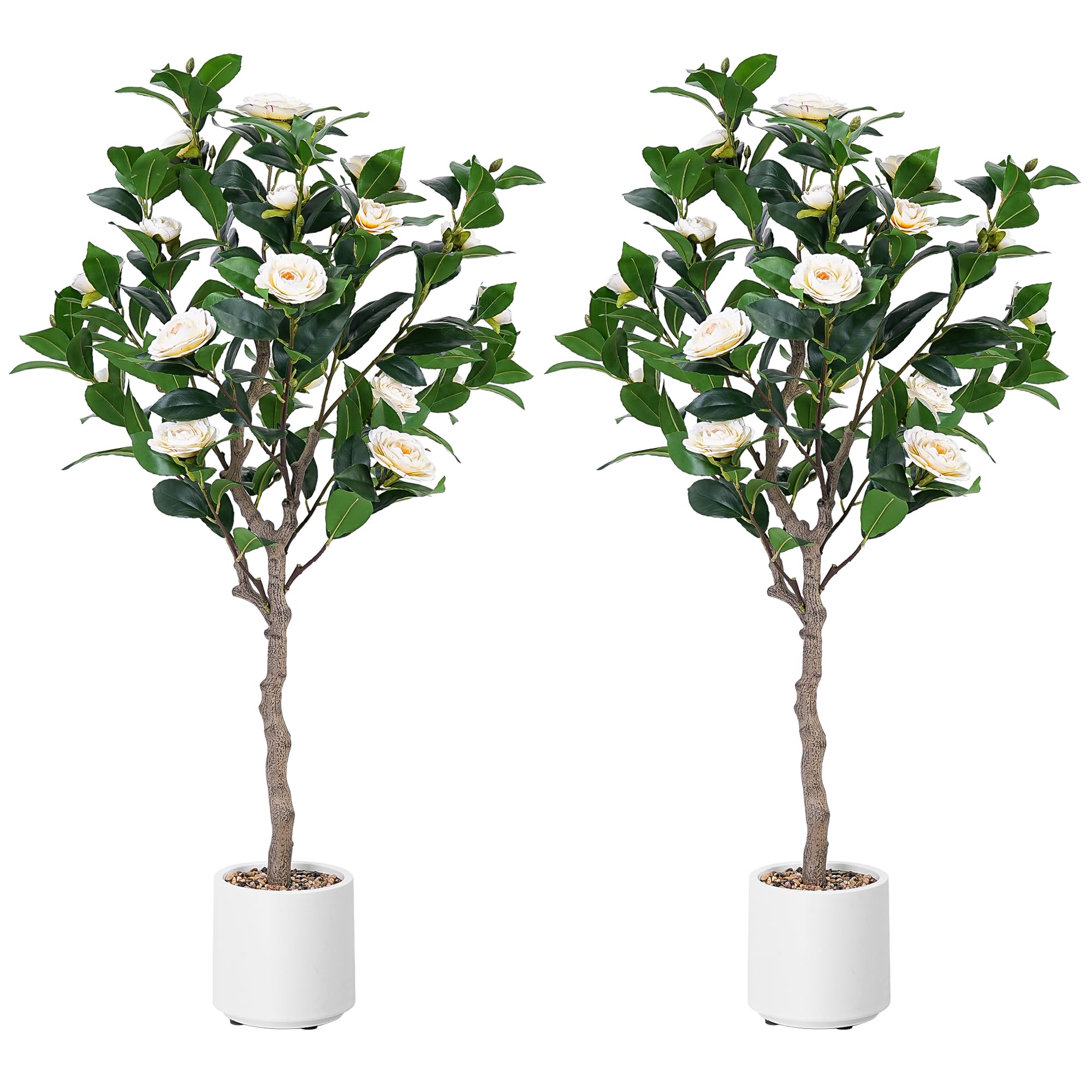 4FT Artificial Camellia Tree Set of 2 - Realistic Fake Indoor Plants with Natural Trunk, Lifelike Leaves & Flowers in White Planters - Perfect for Home Decor, Office Spaces & Housewarming Gifts
