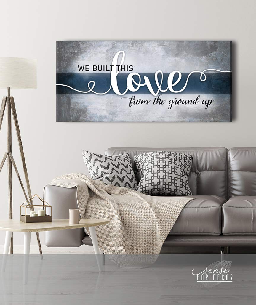 Romantic Love Wall Art Decor for Couples - 'We Built This Love' Canvas Painting (42x19 Inch, Blue) - Perfect for Bedroom, Living Room & Wedding Anniversary Gifts