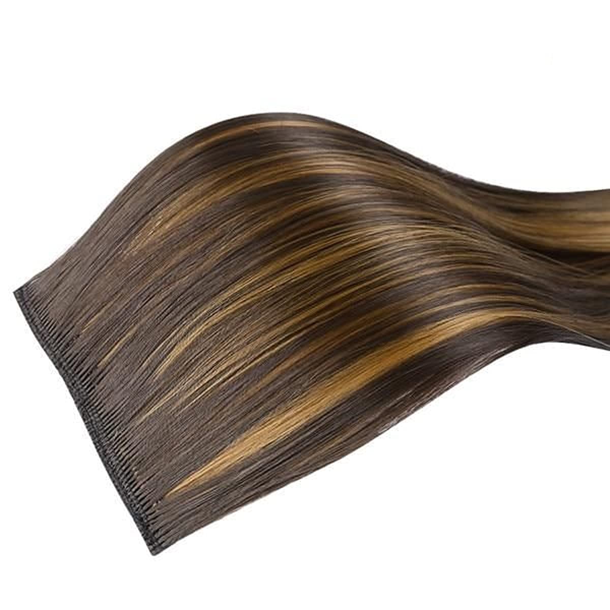 OSEN Japanese Kanekalon Fiber 5 Clip-in Straight Hair Extensions for Women - 24-inch Full Head Human Hair Weft with Brown Golden Highlights | Perfect for Daily Wear, Parties & Special Occasions