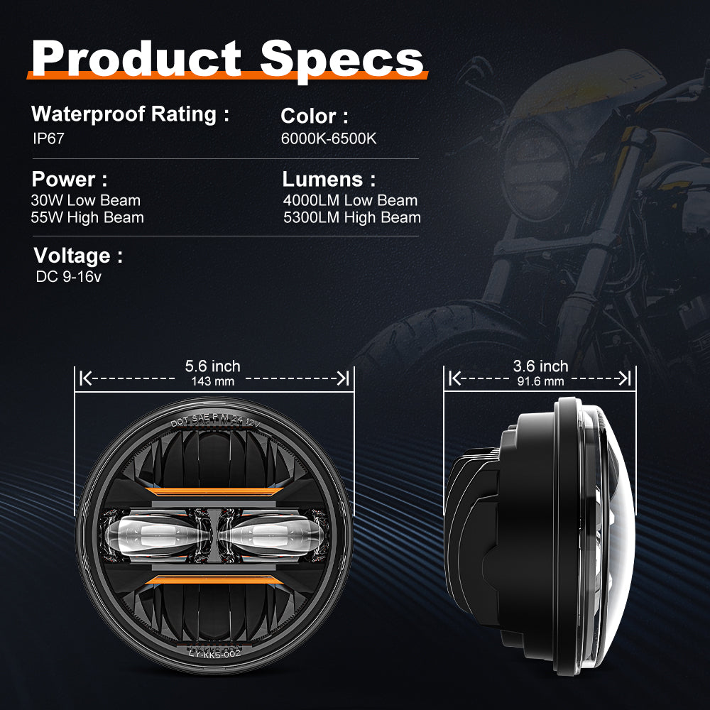 LOYO 5.75 Inch LED Headlights for Harley Davidson Motorcycles - Amber Turn Signal & White Daytime Running Lights (DRL) - High Performance Lighting for Night Riding and Safety