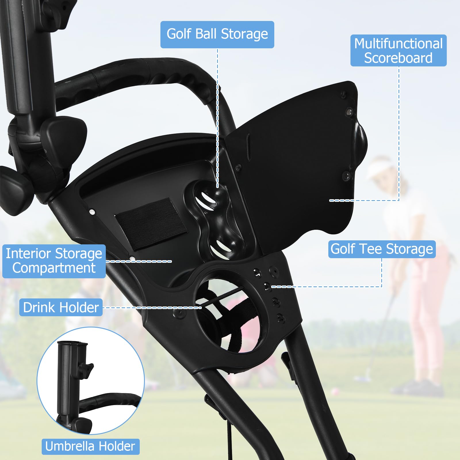 3 Wheel Folding Golf Push Cart - Lightweight Collapsible Golf Club Caddy with Foot Brake & Umbrella Holder - Adjustable 4-Position Handle (Blue) | Perfect for Golf Course, Driving Range & Outdoor Practice