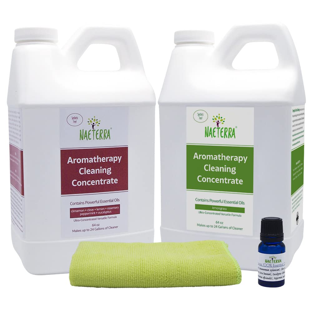 Naeterra Aromatherapy Cleaning Concentrate Bundle - Plant-Based Multi-Surface Cleaner & Pet-Safe Lemongrass Cleaner with 10ML Essential Oil & Microfiber Towel - Non-Toxic, Eco-Friendly Household Cleaning Kit for Kitchen, Bathroom & Pet Areas