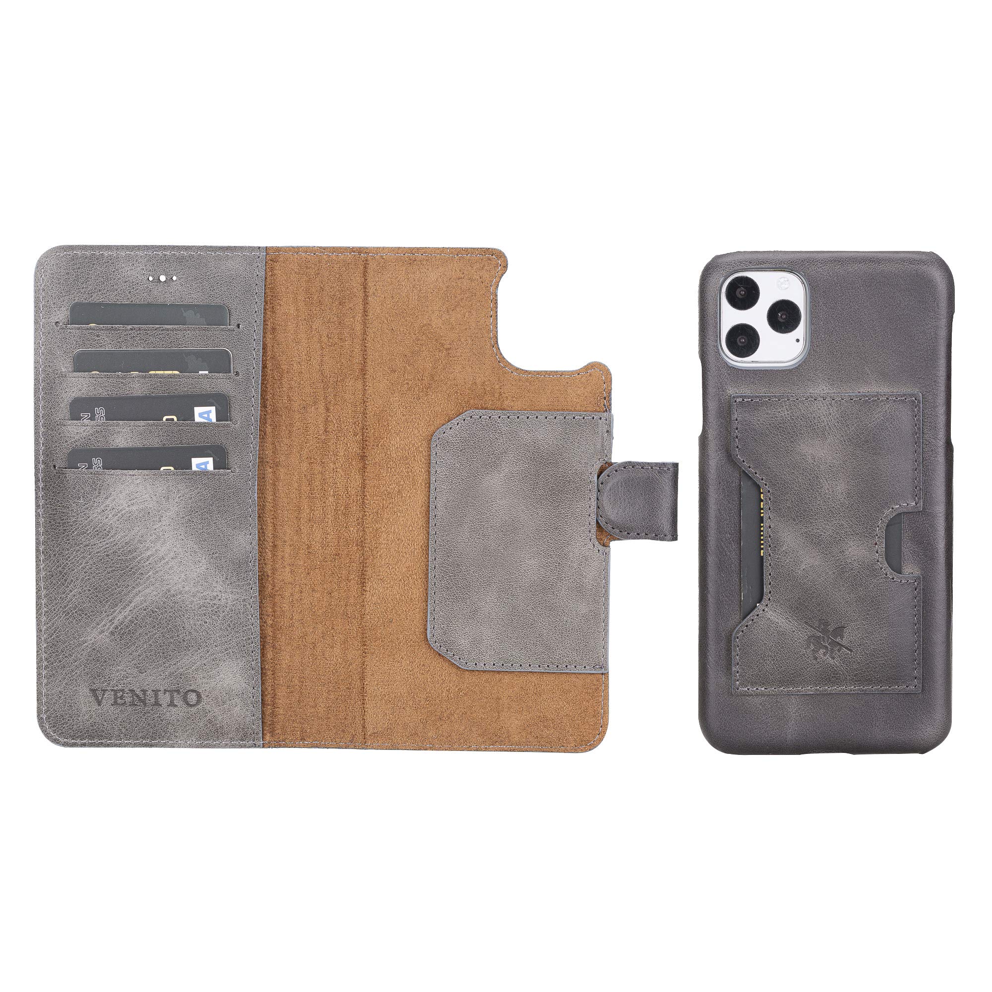 Venito Florence Genuine Leather Phone Case for iPhone 11 Pro Max - RFID Blocking Detachable Wallet Case with Slide-in Design | Perfect for Business, Travel & Everyday Use (Faded Gray)