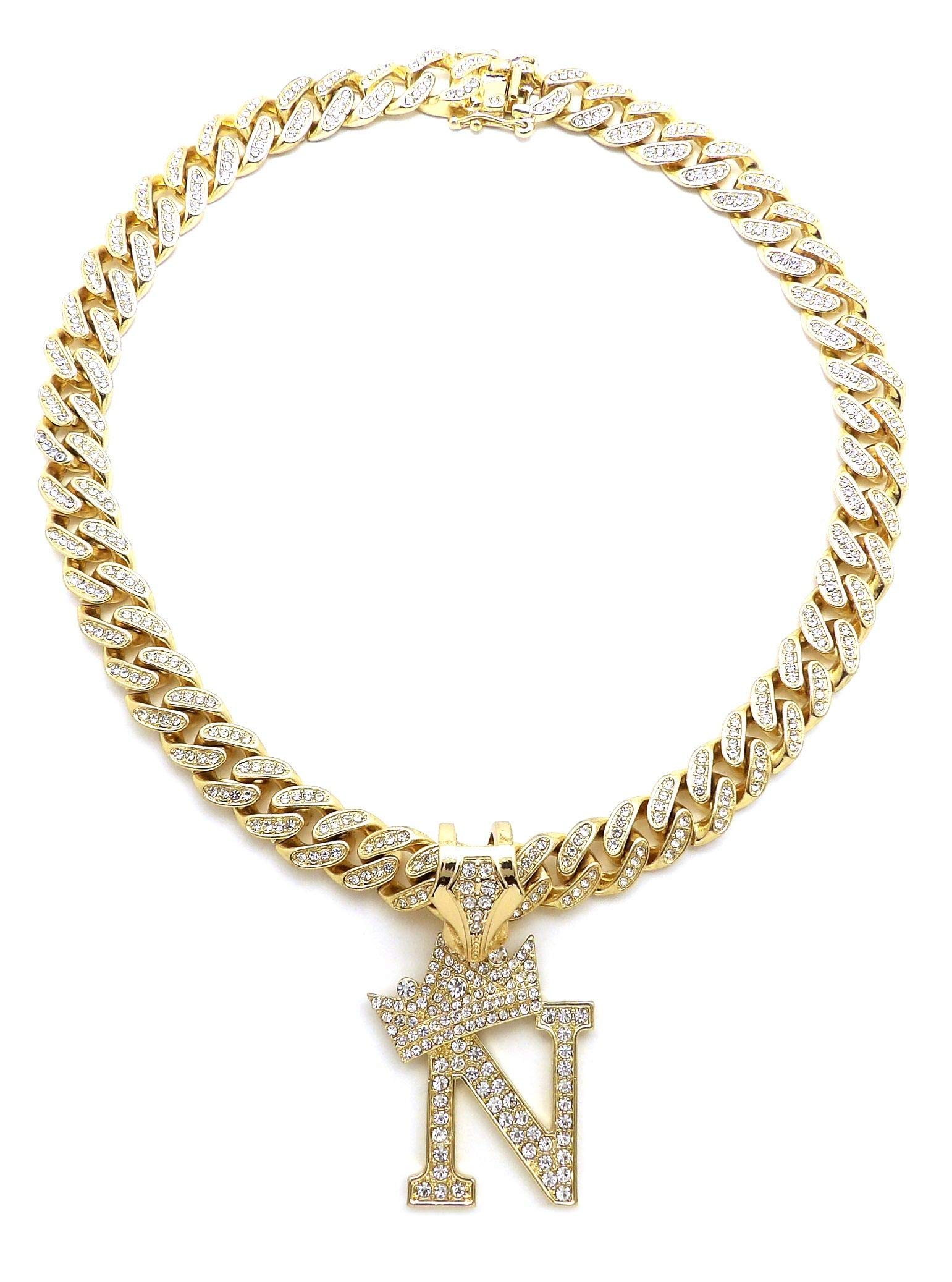 NYFASHION101 Iced Out Miami Cuban Chain Necklace with 12mm Stone Stud Crowned Initial Pendant - Perfect for Hip Hop Jewelry, Streetwear Fashion & Gift Giving