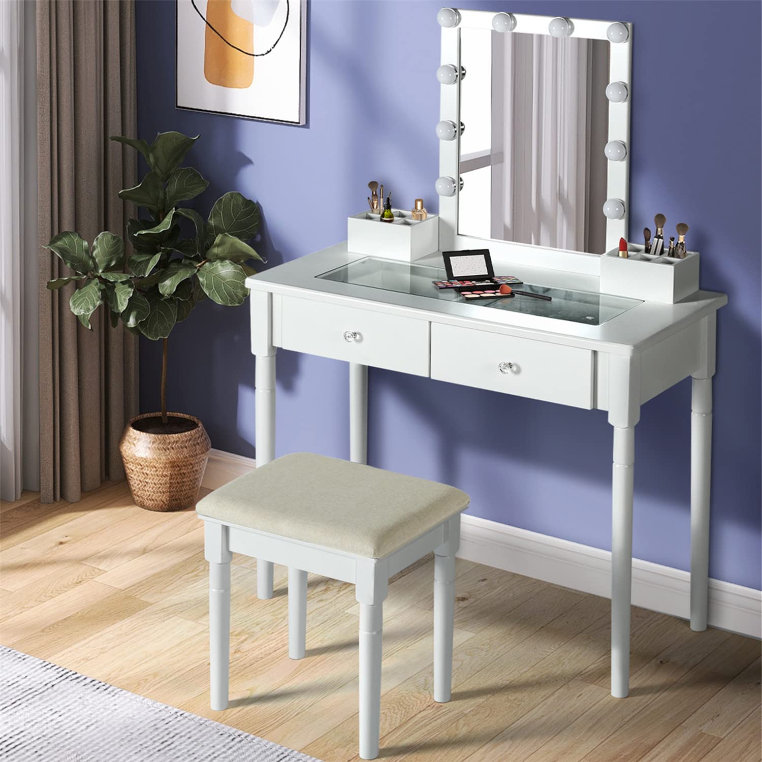 MAISMODA Vanity Table Set with Mirror & 3-Color LED Lighting Modes, Adjustable Brightness Makeup Dressing Table - 10 LED Lights, Cushioned Stool & 2 Storage Drawers for Bedroom (White) | Perfect for Makeup Application, Skincare Routine & Home Decor