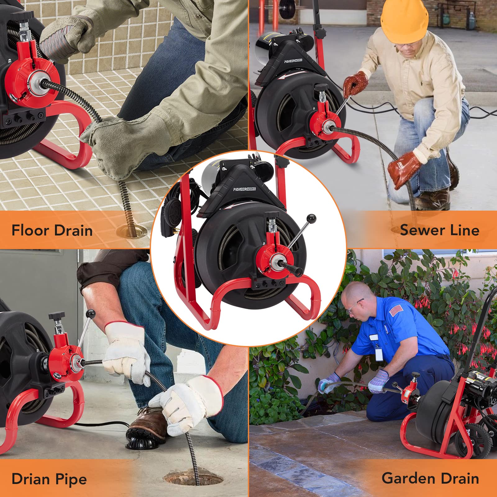 PioneerWorks 75Ft x 1/2 Inch Professional Electric Drain Auger Cleaner Machine - Auto-Feed Sewer Snake for 2 to 4 Inch Pipes with 6 Cutters & Gloves - Perfect for Clogged Sinks, Showers, Bathtubs, and Toilet Drain Cleaning