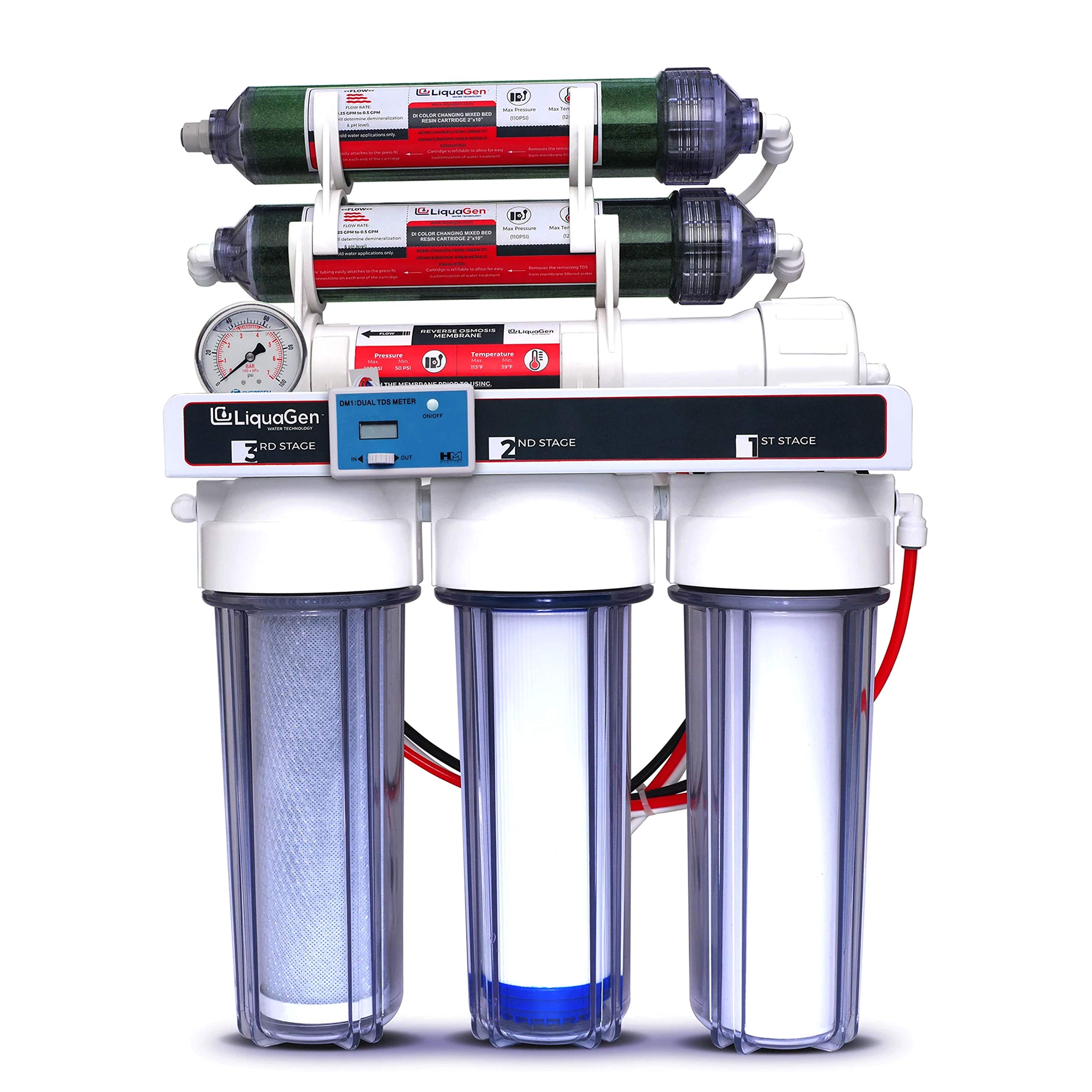 LiquaGen 6-Stage Reverse Osmosis + Deionization Water Filtration System - 100 GPD with Pressure Gauge & TDS Meter | Under Sink Water Filter for Aquarium, Drinking, and Home Use | Pure Water Solution for Fish Tanks, Cooking, and Clean Drinking Water