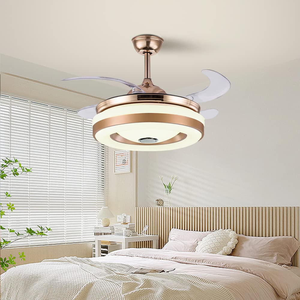 42 Inch Smart Retractable Ceiling Fan with LED Light & Remote Control - Modern Low Profile Hidden Chandelier Fan for Bedroom, Dining & Living Room - Ultra Quiet, Multi-Speed, Dimmable Lighting for Year-Round Comfort