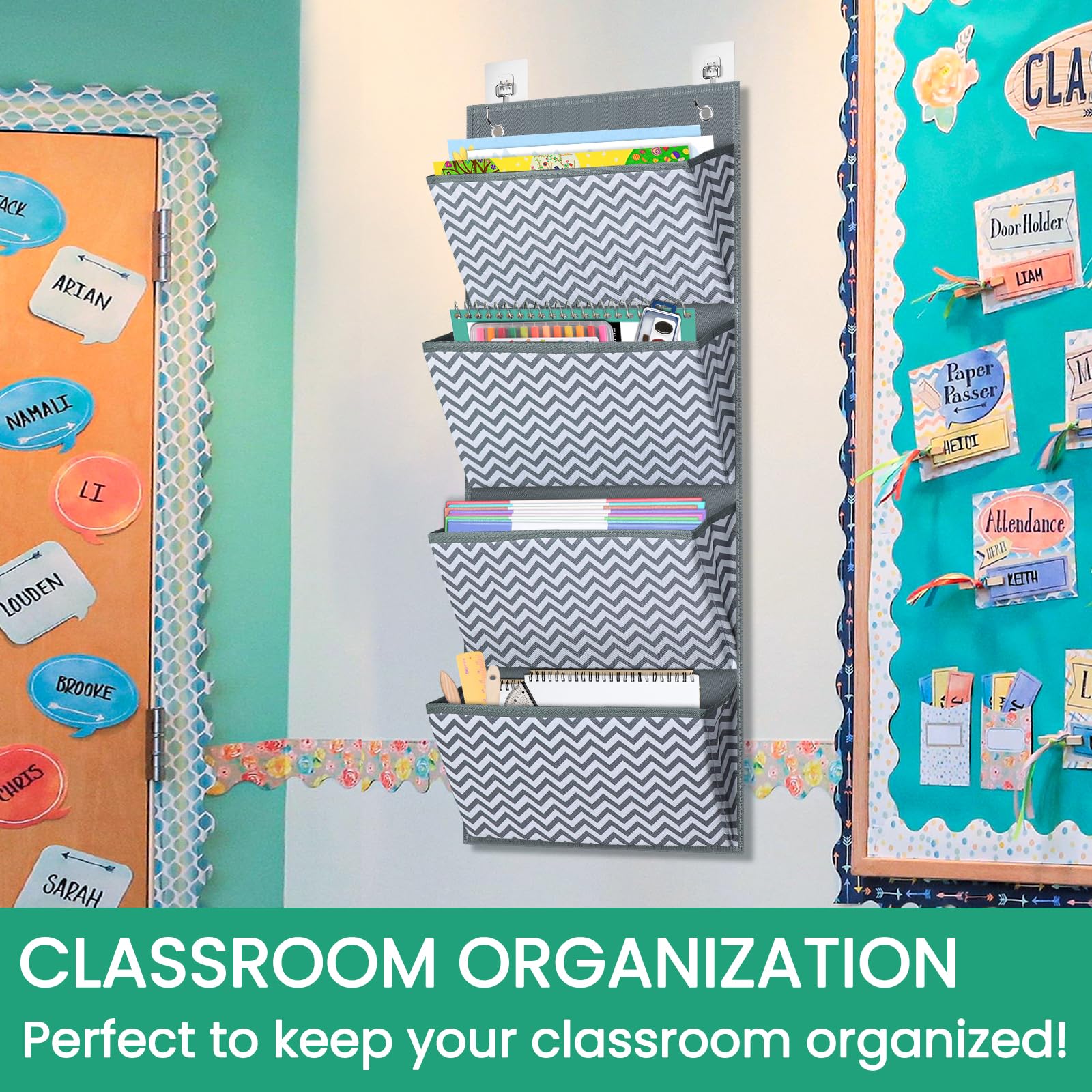 Godery Hanging Wall Organizer - 4 Pocket Fabric File Holder for Office Supplies, Notebooks, Planners & Mail - Wall Mount or Over The Door Storage Solution - Wave Pattern Design - Perfect for Home Office, Dorm Room & Workspace Organization