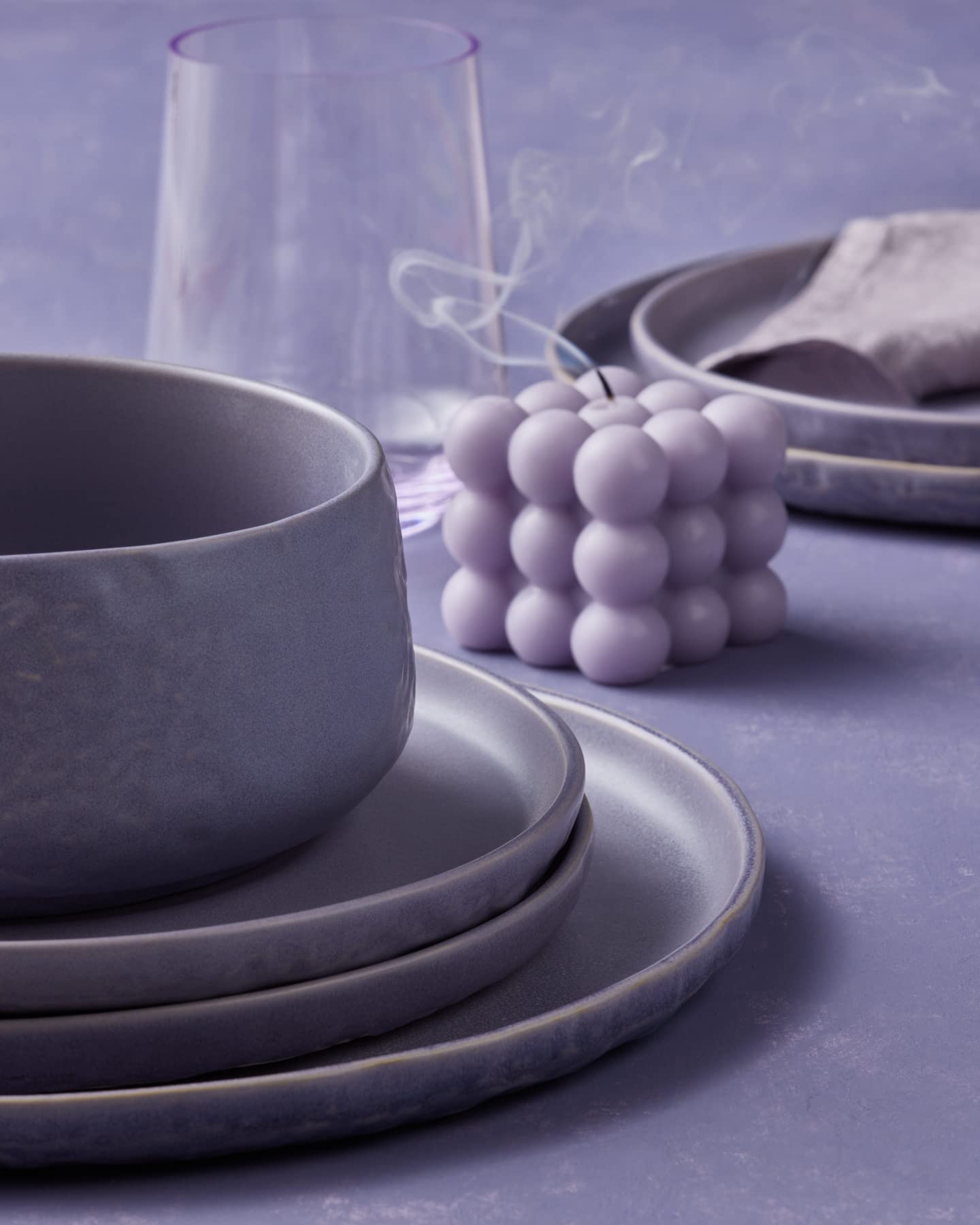 Mercer Project SHOSAI 16-Piece Stoneware Dinnerware Set - Modern Lavender Plates & Bowls for 4 - Durable Ceramic Dishware for Everyday Dining, Entertaining & Restaurant Use