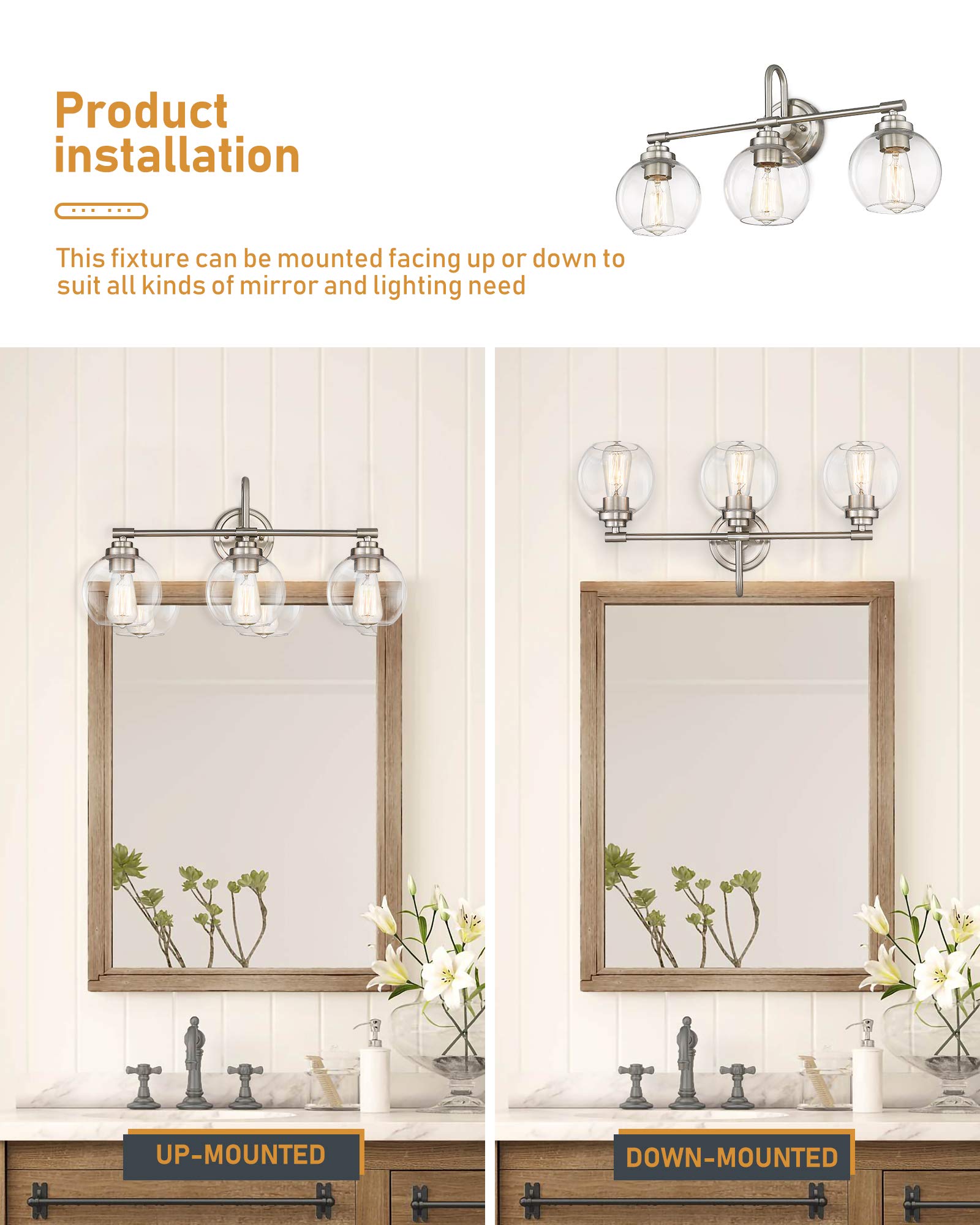 Brushed Nickel Vanity Light - 3-Light Bathroom Fixture with Clear Glass Shade for Modern Bathrooms