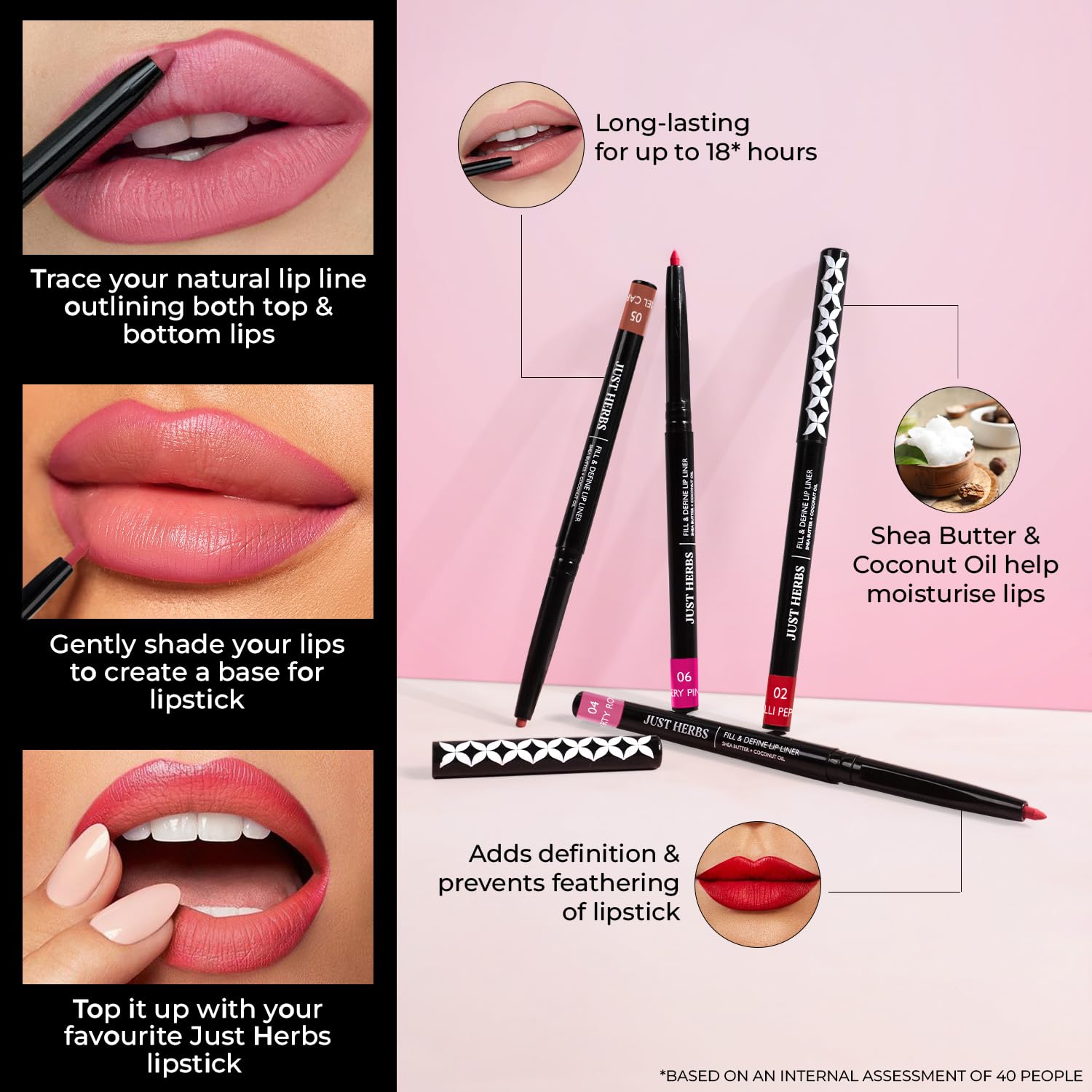 Just Herbs Fill & Define Lip Liner - Shea Butter & Coconut Oil Infused, Transfer-Proof, Long-Lasting Creamy Matte Finish Lip Pencil for Everyday Wear & Special Occasions