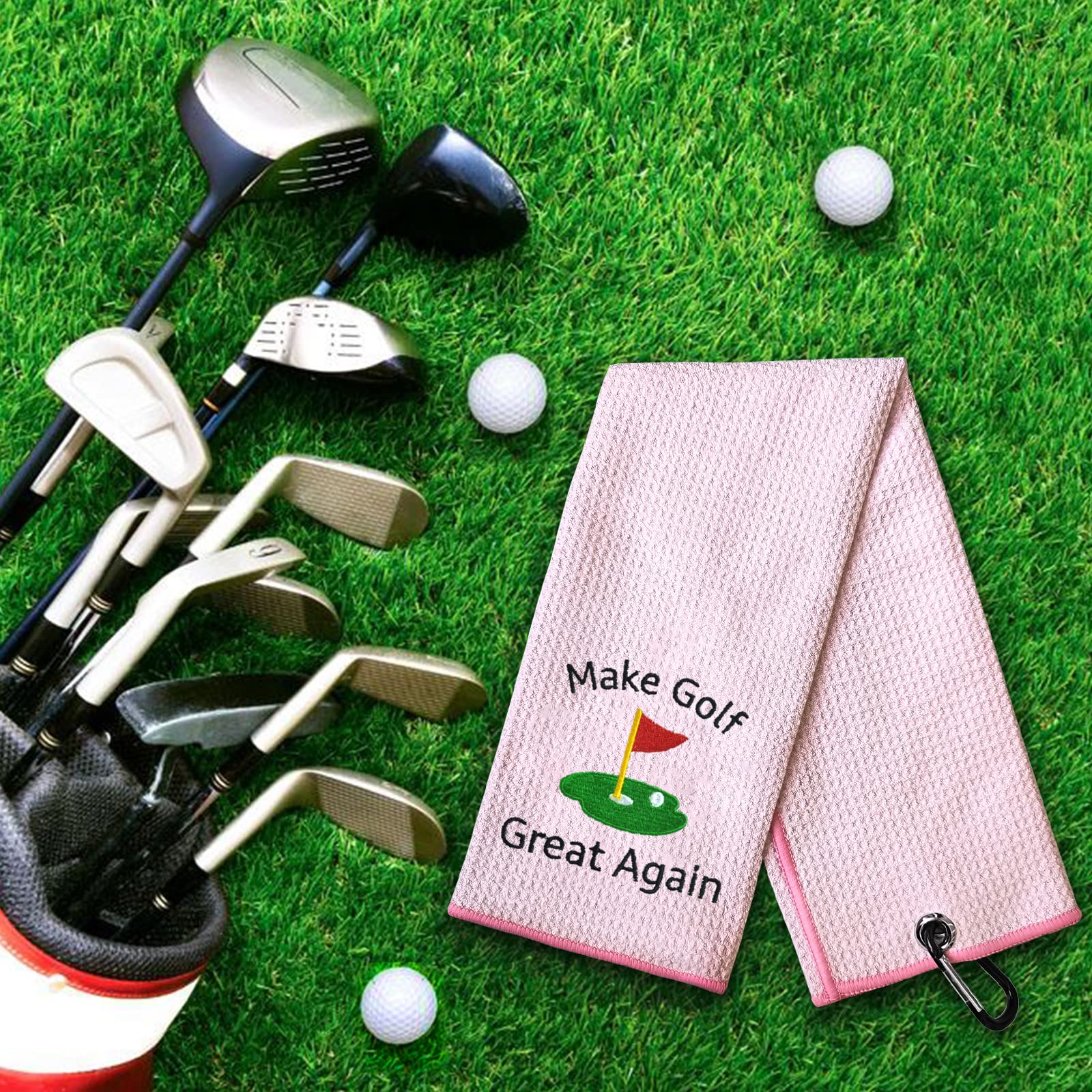 Premium Embroidered Golf Towel with Clip - Absorbent & Durable Golf Accessories for Men & Women - Perfect for Wiping Clubs & Hands on the Course (Pink)