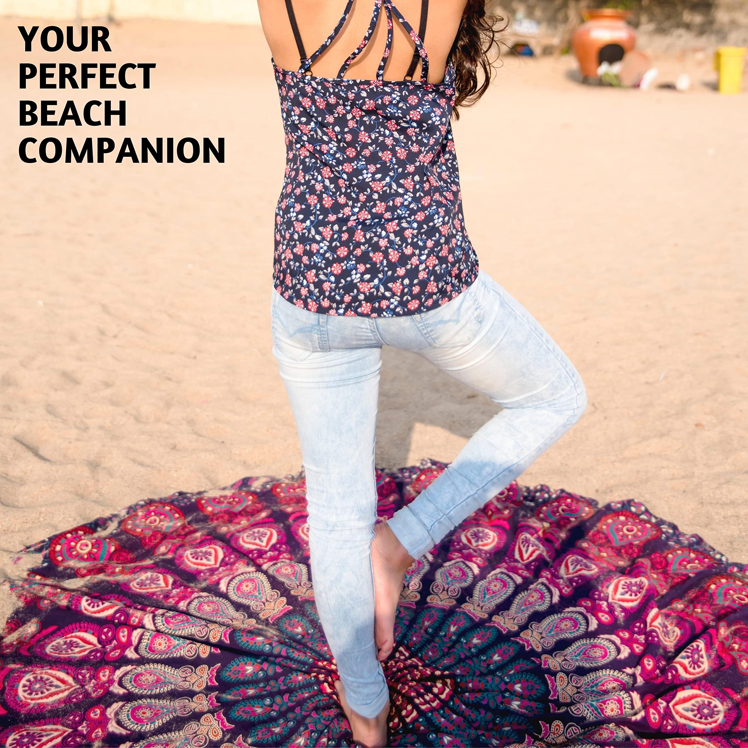 Folkulture Round Mandala Tapestry - 72 Inch Bohemian Beach Blanket, Yoga Meditation Rug, Boho Picnic Blanket & Hippie Home Decor in Pink & Purple - Perfect for Yoga Studios, Beach Outings, Boho Bedrooms & Meditation Spaces