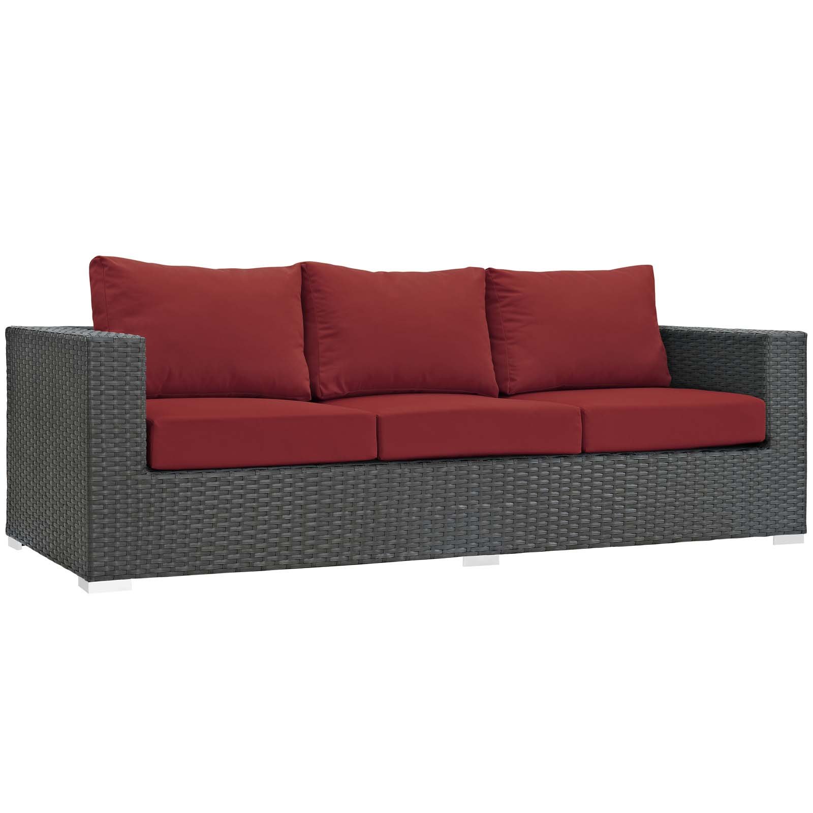 Modway Sojourn 3-Piece Wicker Rattan Outdoor Patio Sectional Set with Sunbrella Cushions in Canvas Red - Perfect for Backyard, Poolside & Garden Relaxation