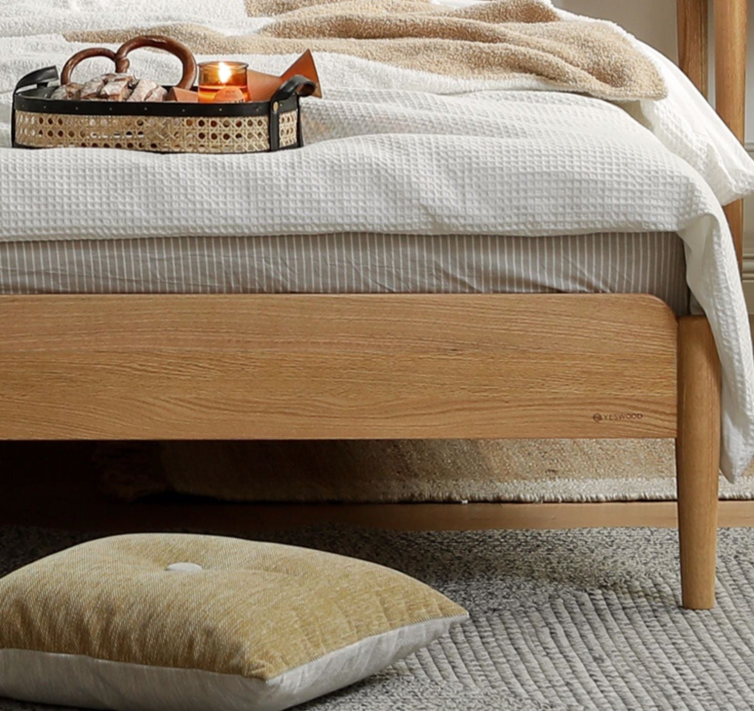 Solid Oak Wood Rattan Bed Frame - Queen Size, Natural Finish - Perfect for Bedroom, Guest Room & Farmhouse Decor