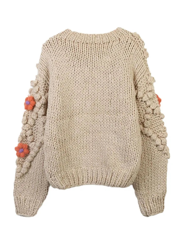 Handmade Crochet Sweater for Women - Thick Knit Winter Cardigan with Cute Flower & Fur Ball Details | Cozy Fall & Winter Fashion | Perfect for Casual Outings, Date Nights & Holiday Gatherings
