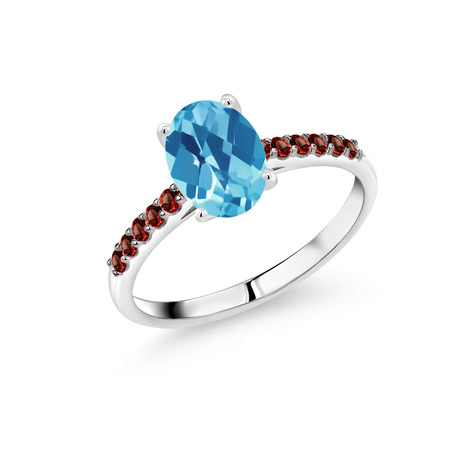 1.54 Ct Oval Swiss Blue Topaz & Red Garnet 10K White Gold Ring for Women | Gem Stone King | Elegant Checkerboard Design for Engagement, Anniversary & Special Occasions