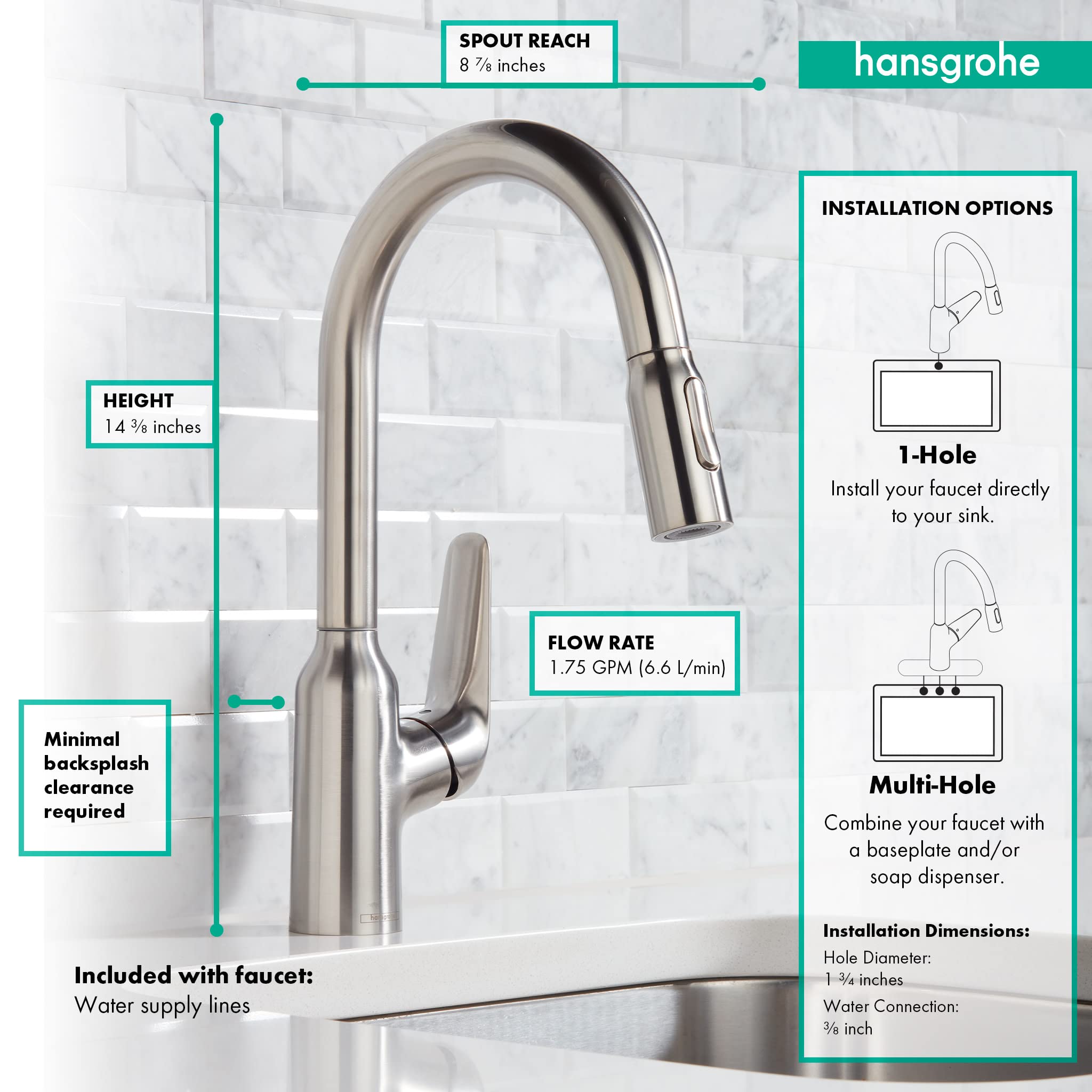Hansgrohe Focus N Stainless Steel Pull Down Kitchen Faucet with Sprayer - Modern Stainless Steel Design (Model 71801801) - Perfect for Home Kitchen Sink, Restaurant, and Commercial Use