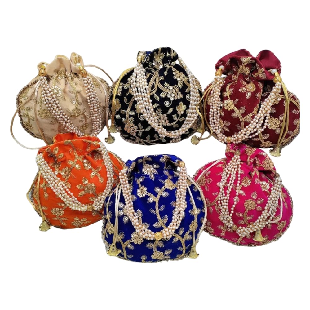 50 Pack Handmade Women's Velvet Embroidered Potli Purse Bags - Indian Drawstring Clutch Pouch for Weddings, Parties & Festive Occasions