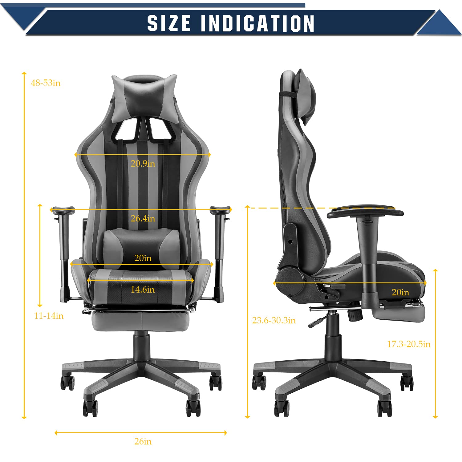 Soontrans Ergonomic Racing Style Gaming Chair with Adjustable Footrest, Headrest & Lumbar Support - High Back Computer Desk Chair for PC Gamers, Office Workers & Home Use (Black/Gray) - Perfect for Esports, Streaming & Long Work Sessions