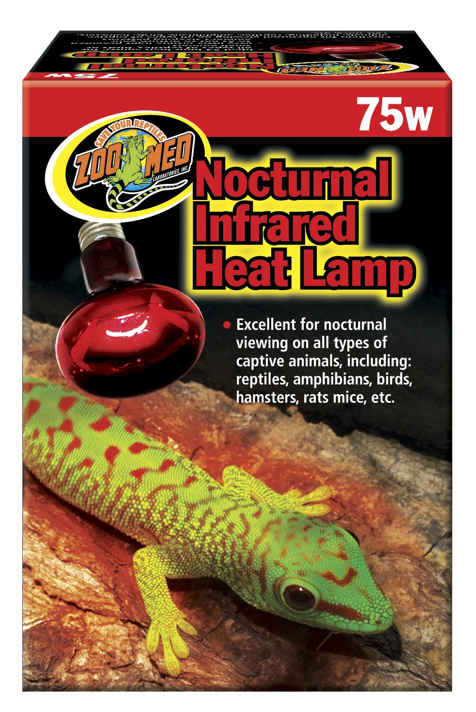 Zoo Med Nocturnal Infrared Incandescent Heat Lamp 75W - Reptile Terrarium Night Heating Bulb for Snakes, Lizards & Amphibians - Perfect for Nocturnal Pet Habitat Temperature Control