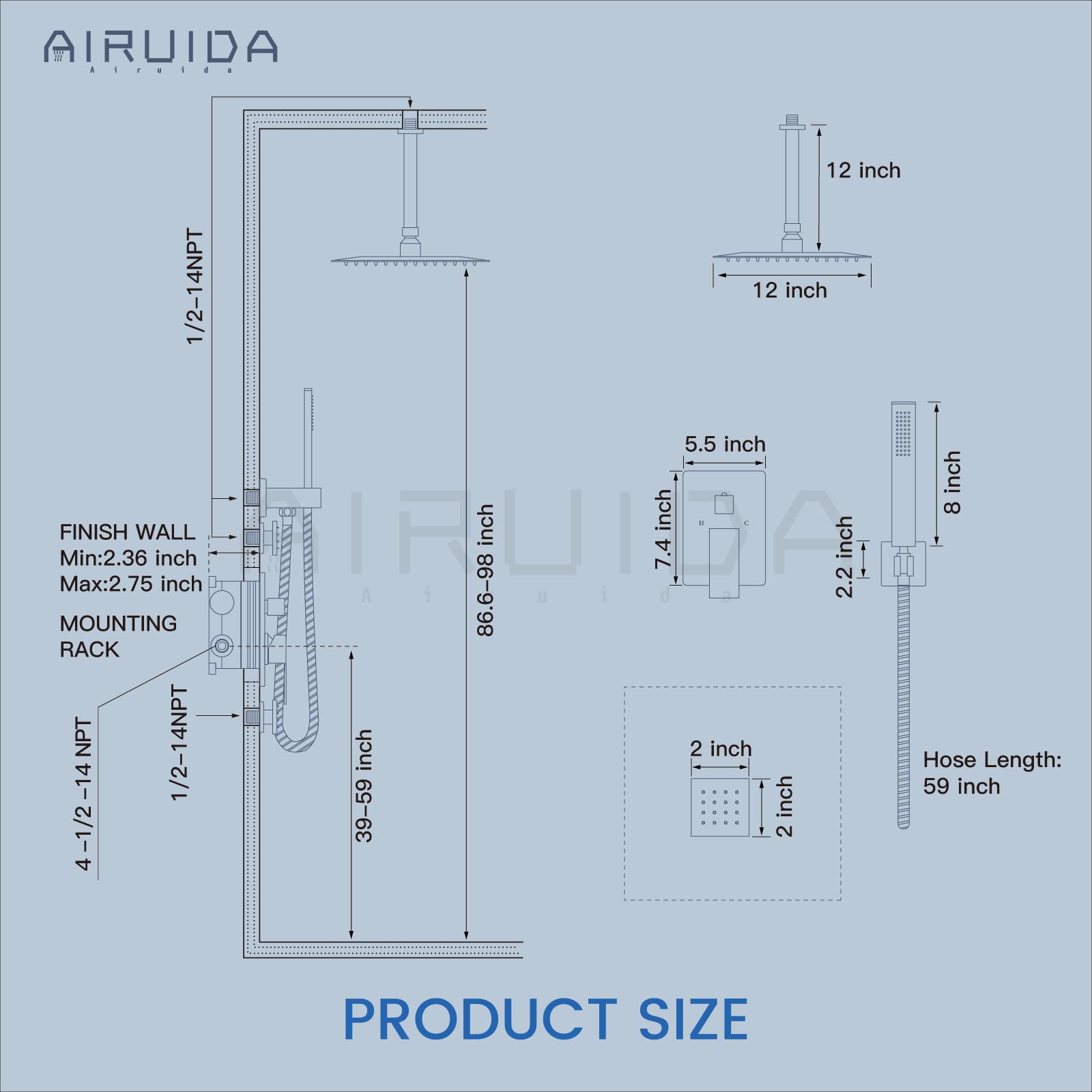 Airuida Matte Black Ceiling Mount Shower System Set - 12 Inch SUS304 Rainfall Shower Head with 6 Body Spray Jets, Brass Handheld Rain Mixer for Full Body Shower Experience | Perfect for Modern Bathroom Renovation & Spa-Like Relaxation